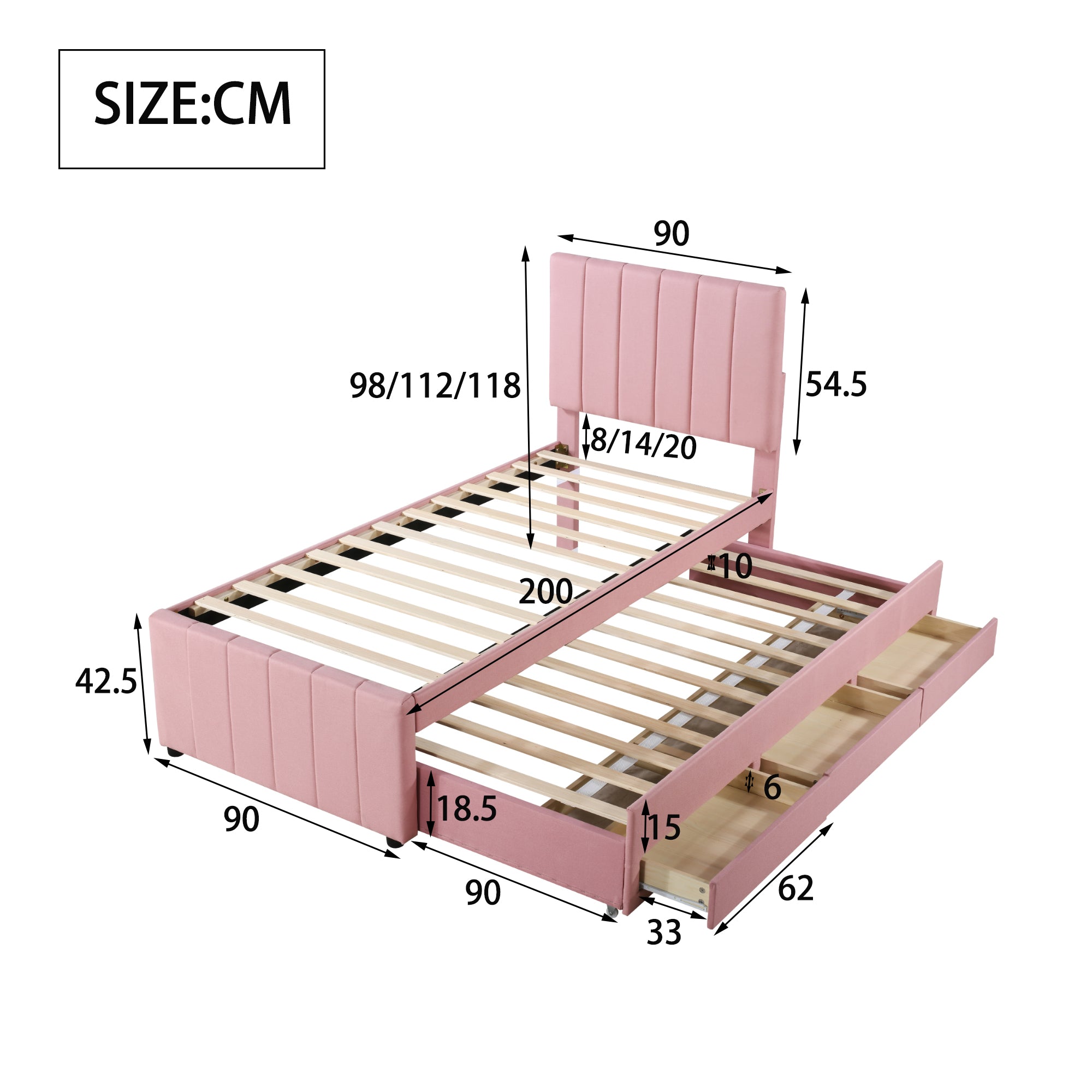 Upholstered Bed 90x200cm, Trundle & Storage, Linen (Pink)