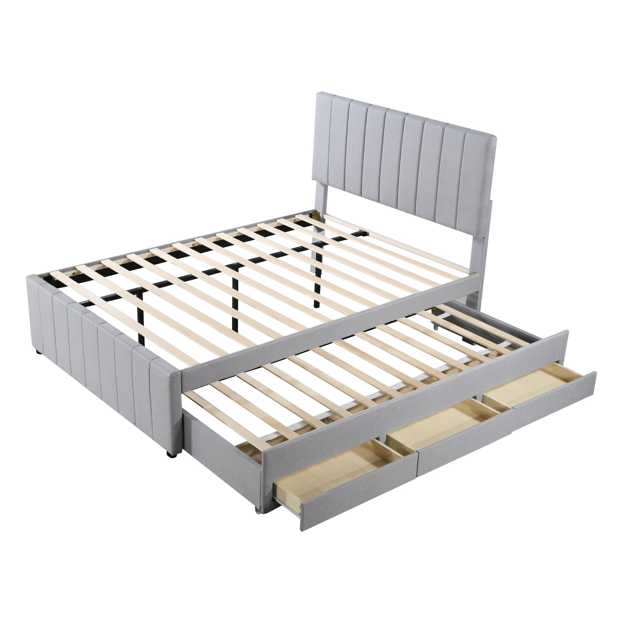 Upholstered Bed, 140x200cm, Pull-Out & Drawers, Linen Upholstery, Grey