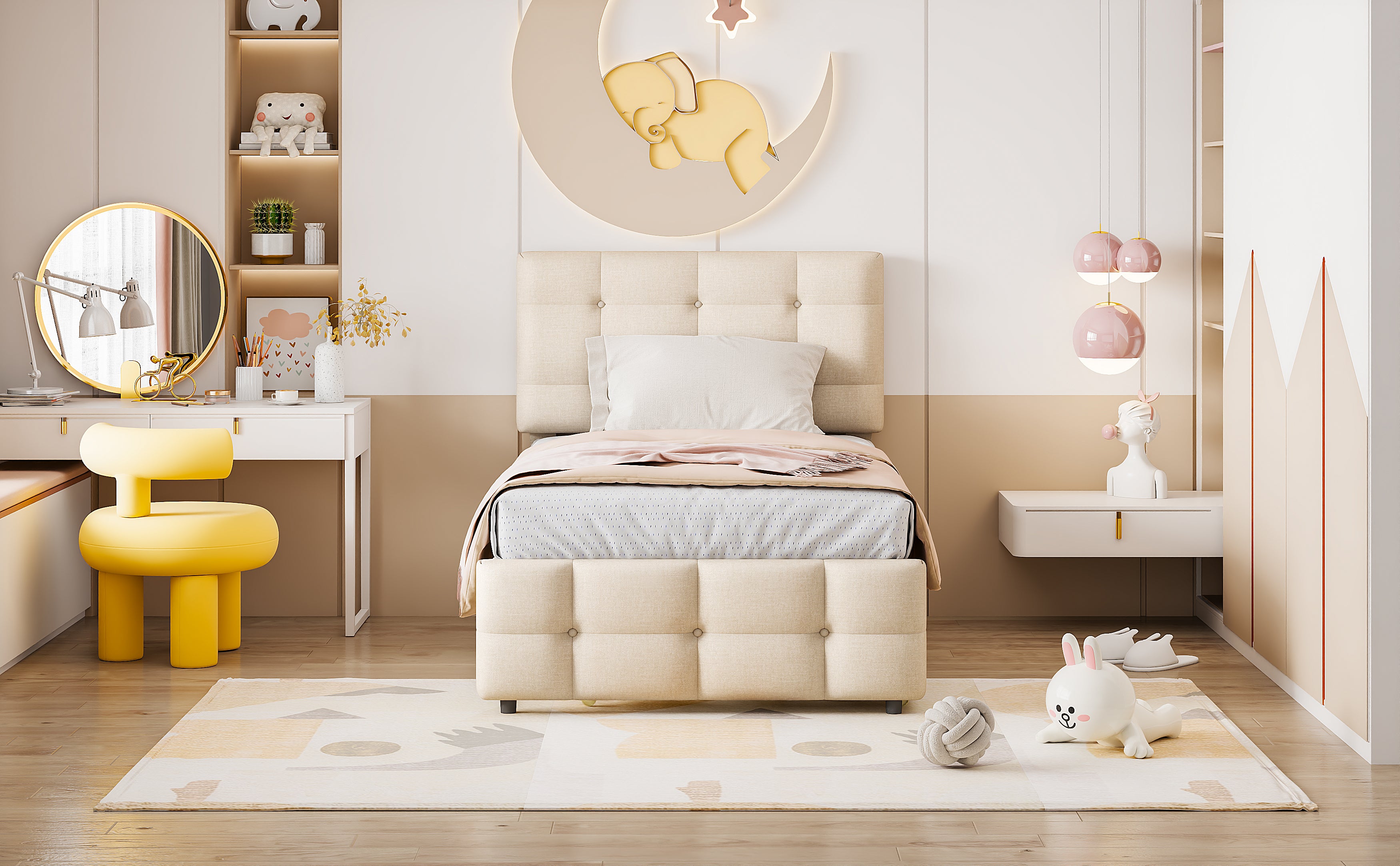 Upholstered Bed, 90x200cm Pull-Out Kids Bed with Adjustable Headboard, Linen Upholstery, Beige