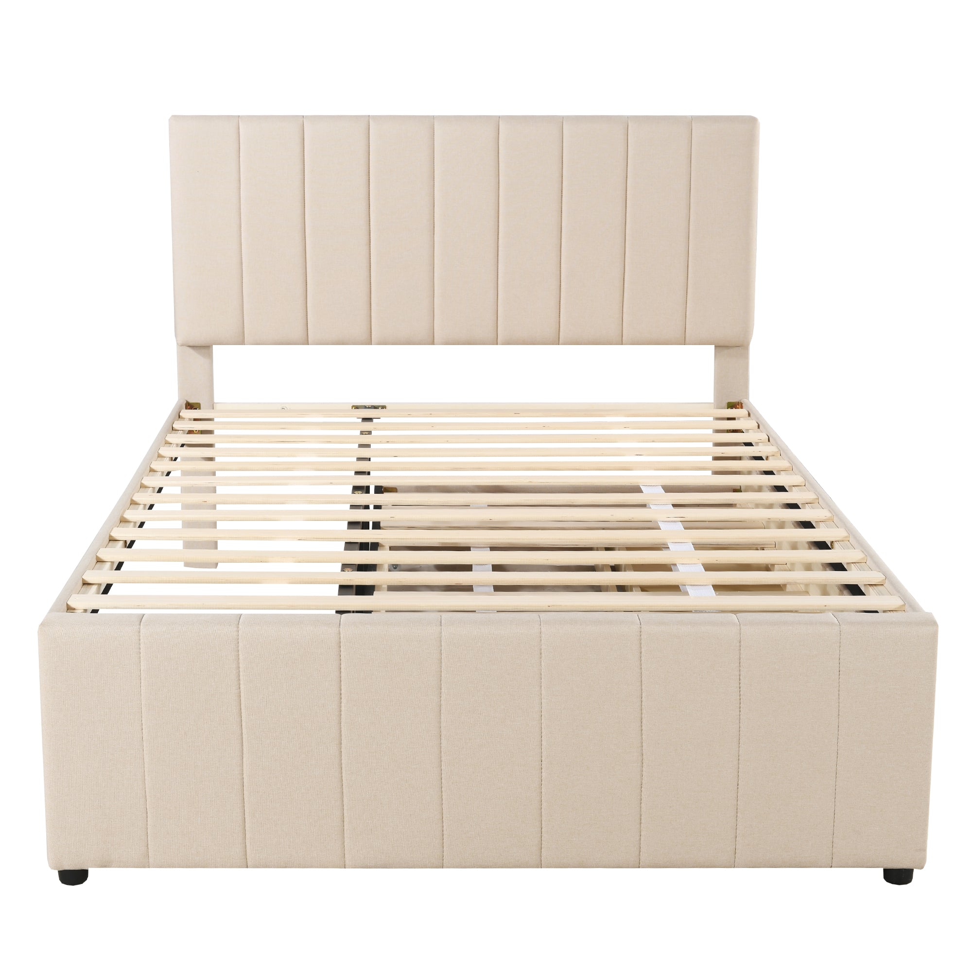 Upholstered Bed, 140x200cm Pull-Out with Drawers, Linen Beige