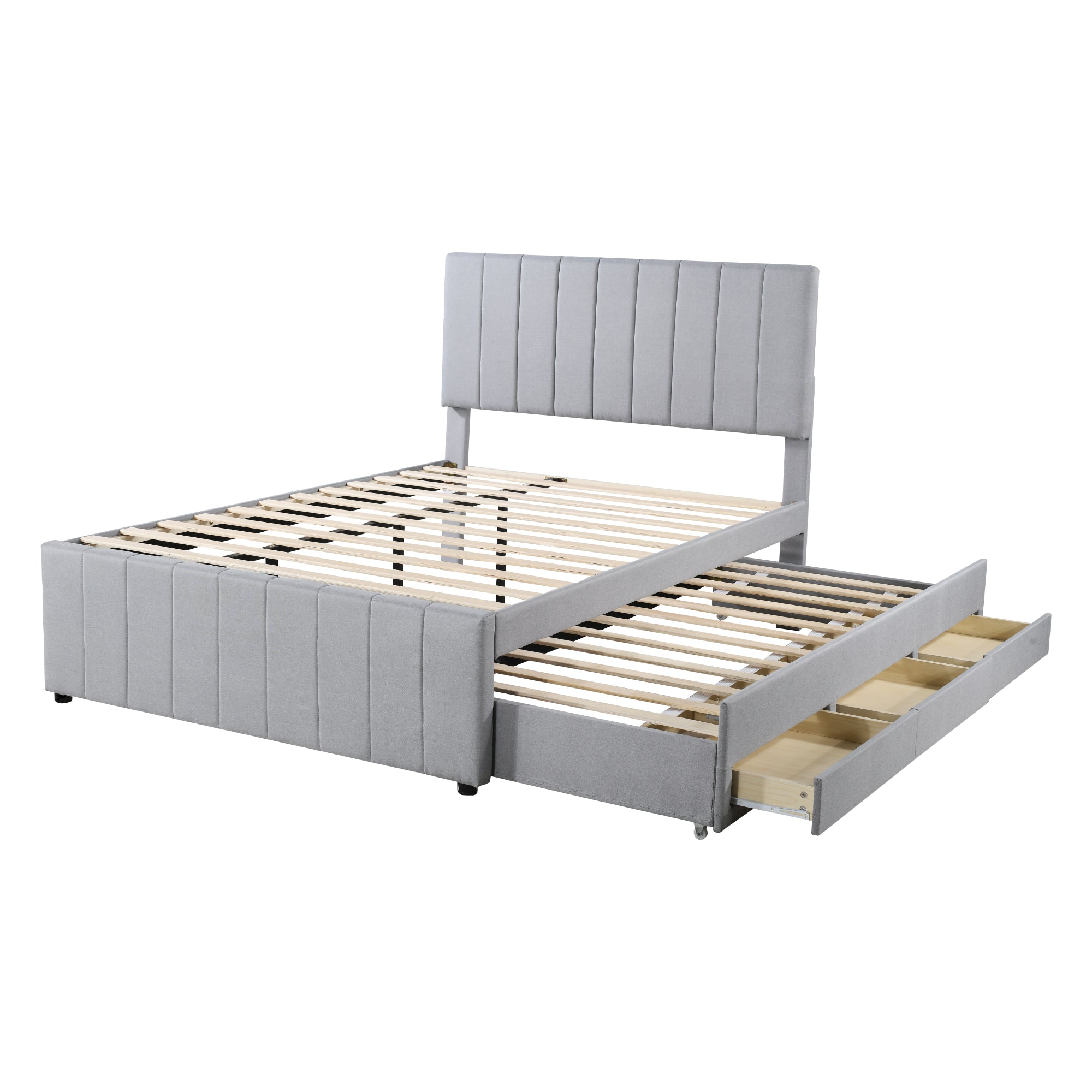 Upholstered Bed, 140x200cm, Pull-Out & Drawers, Linen Upholstery, Grey