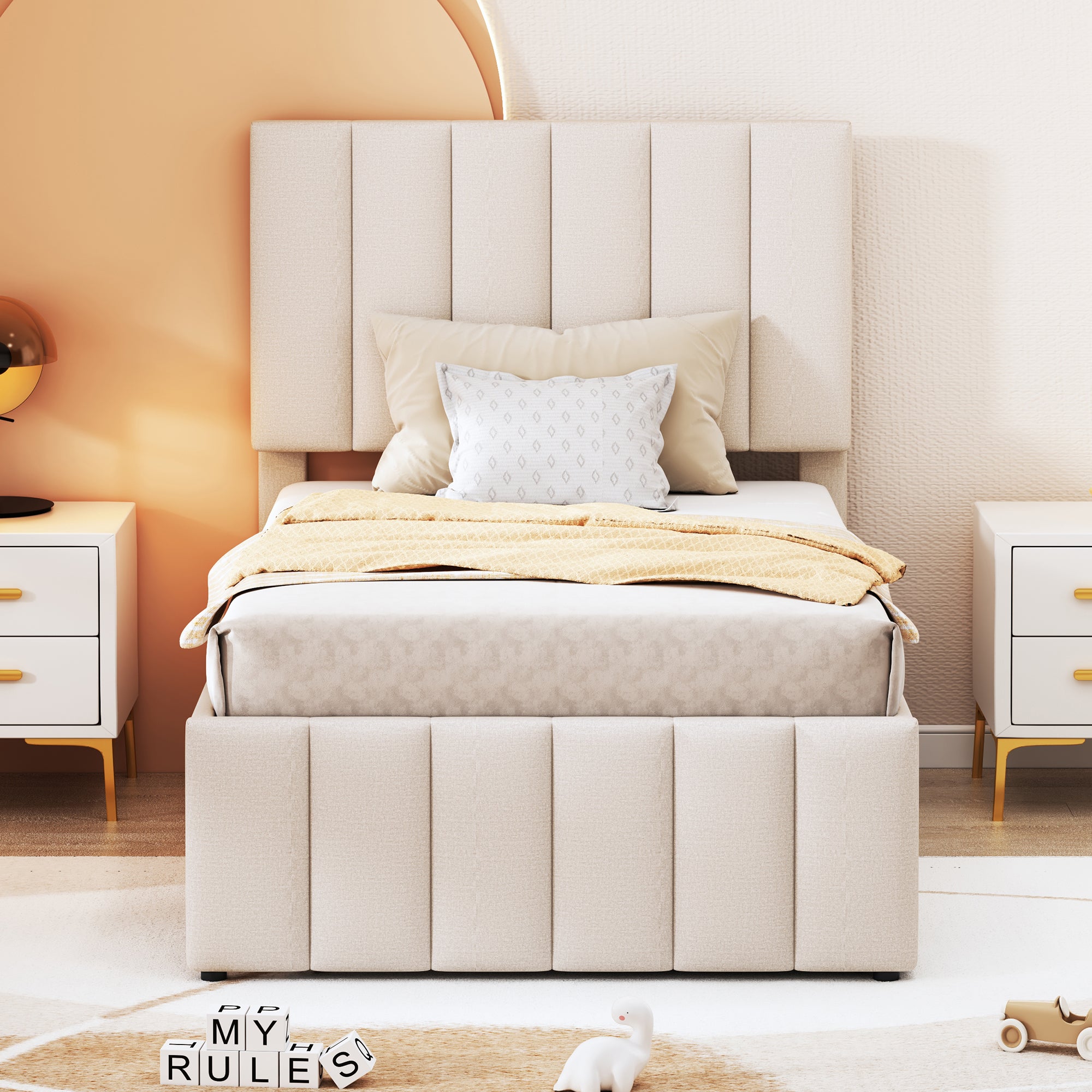 Upholstered Bed 90x200cm, Trundle & Storage, Linen Beige
