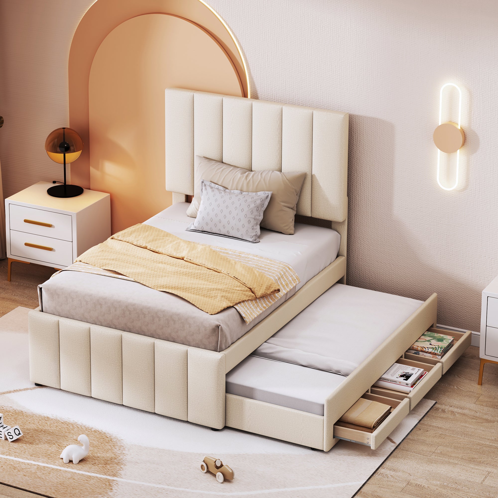 Upholstered Bed 90x200cm, Trundle & Storage, Linen Beige