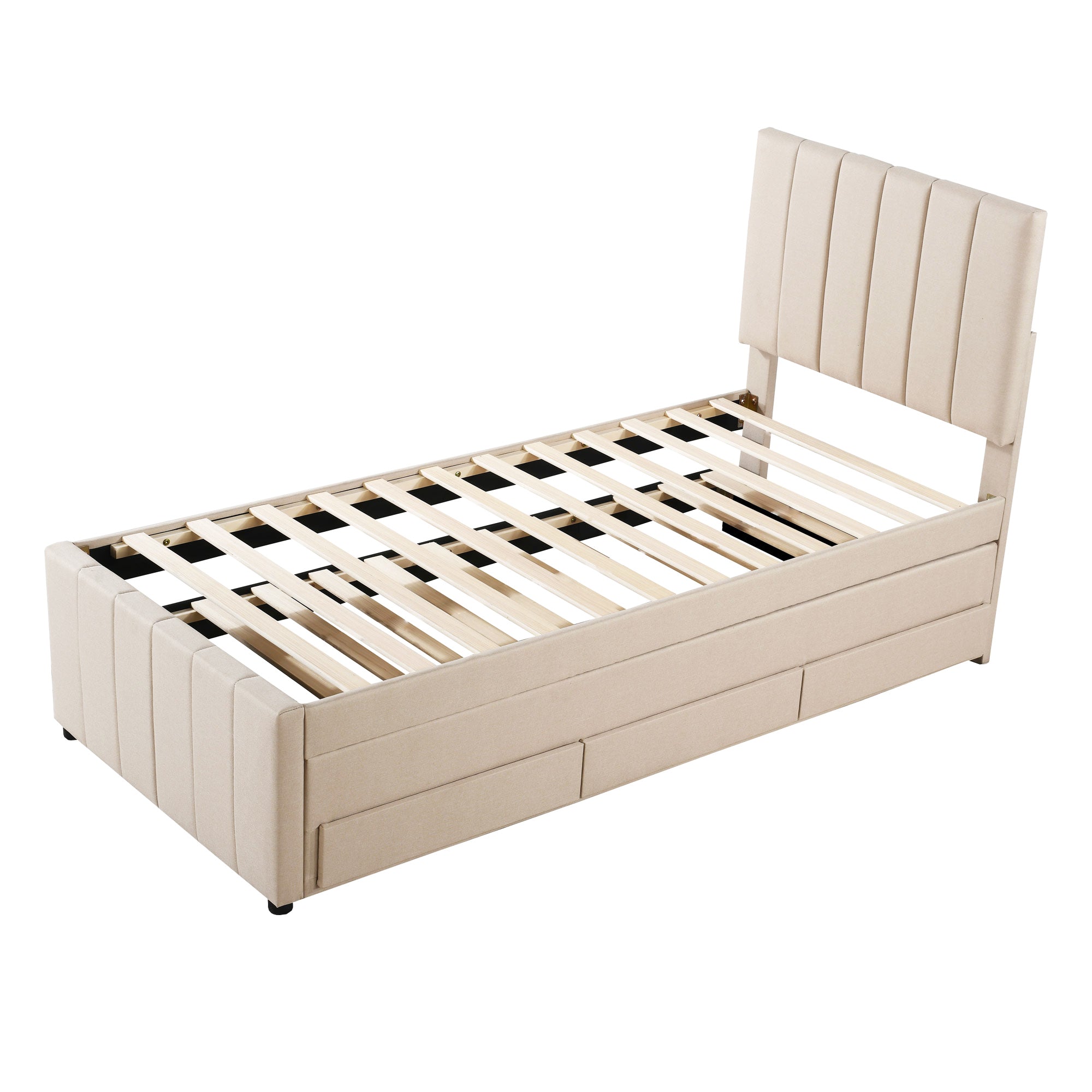 Upholstered Bed 90x200cm, Trundle & Storage, Linen Beige