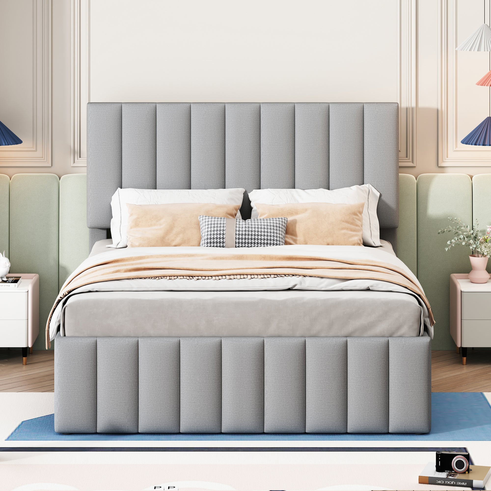 Upholstered Bed, 140x200cm, Pull-Out & Drawers, Linen Upholstery, Grey