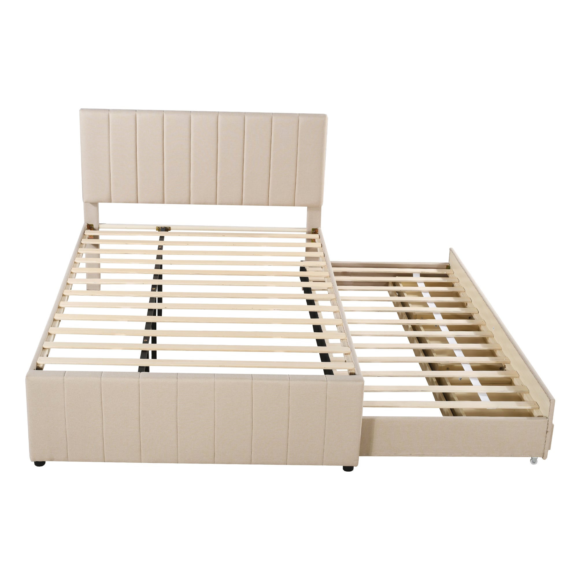 Upholstered Bed, 140x200cm Pull-Out with Drawers, Linen Beige