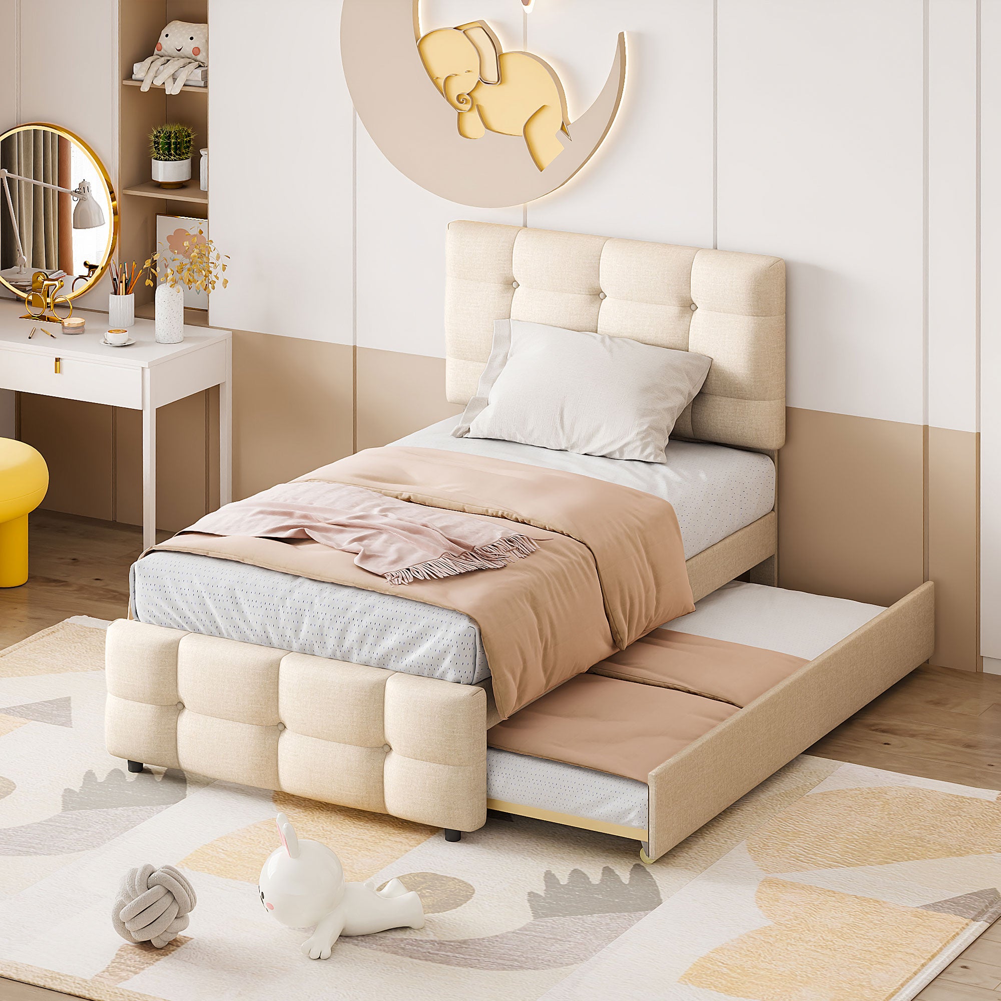Upholstered Bed, 90x200cm Pull-Out Kids Bed with Adjustable Headboard, Linen Upholstery, Beige