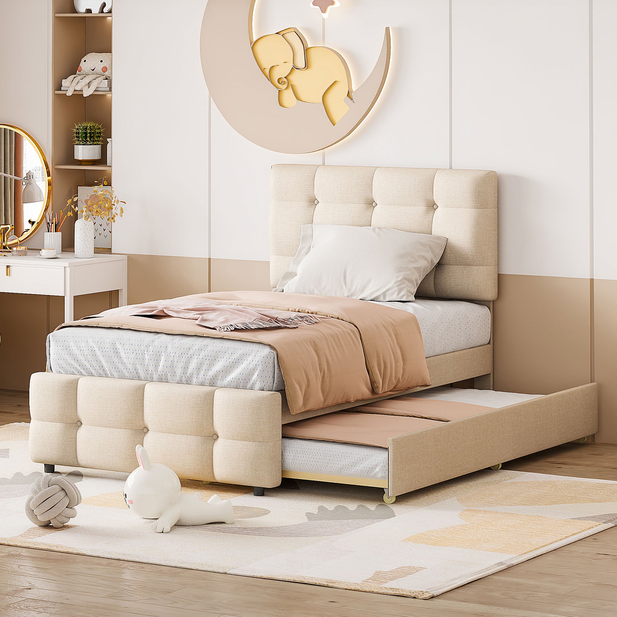 Upholstered Bed, 90x200cm Pull-Out Kids Bed with Adjustable Headboard, Linen Upholstery, Beige
