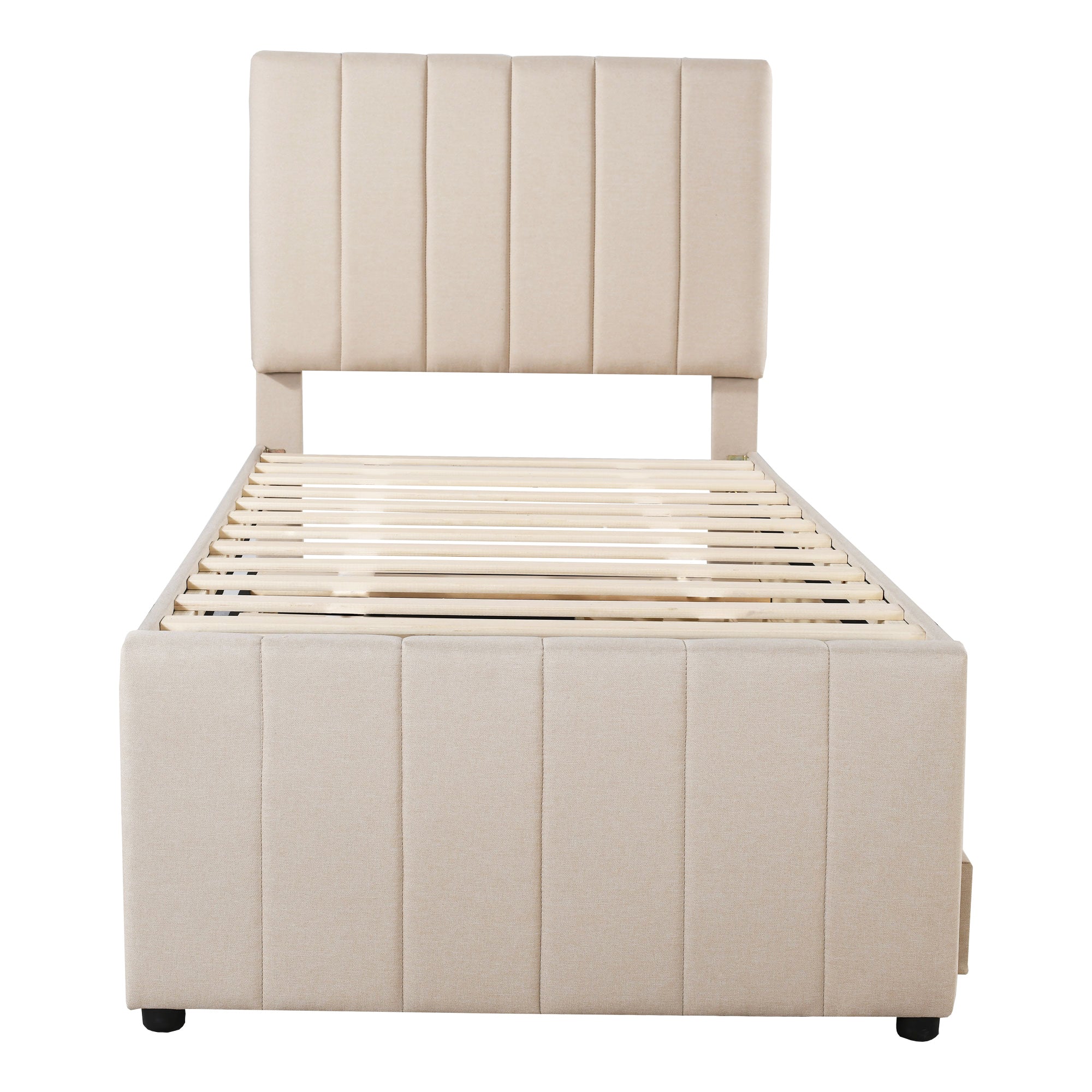 Upholstered Bed 90x200cm, Trundle & Storage, Linen Beige
