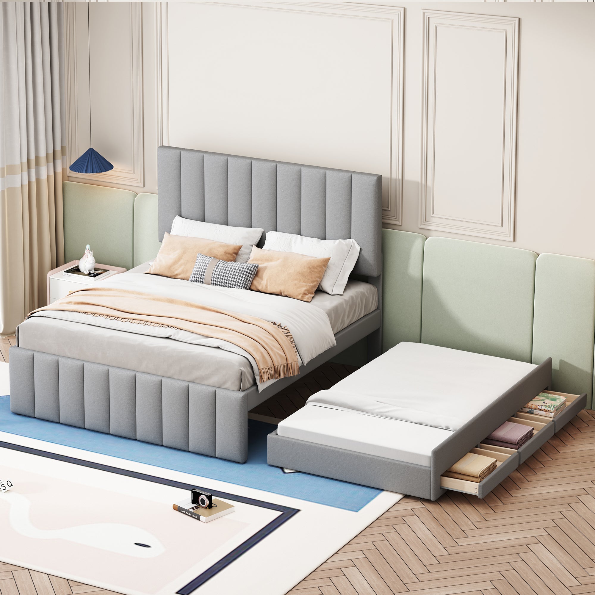 Upholstered Bed, 140x200cm, Pull-Out & Drawers, Linen Upholstery, Grey