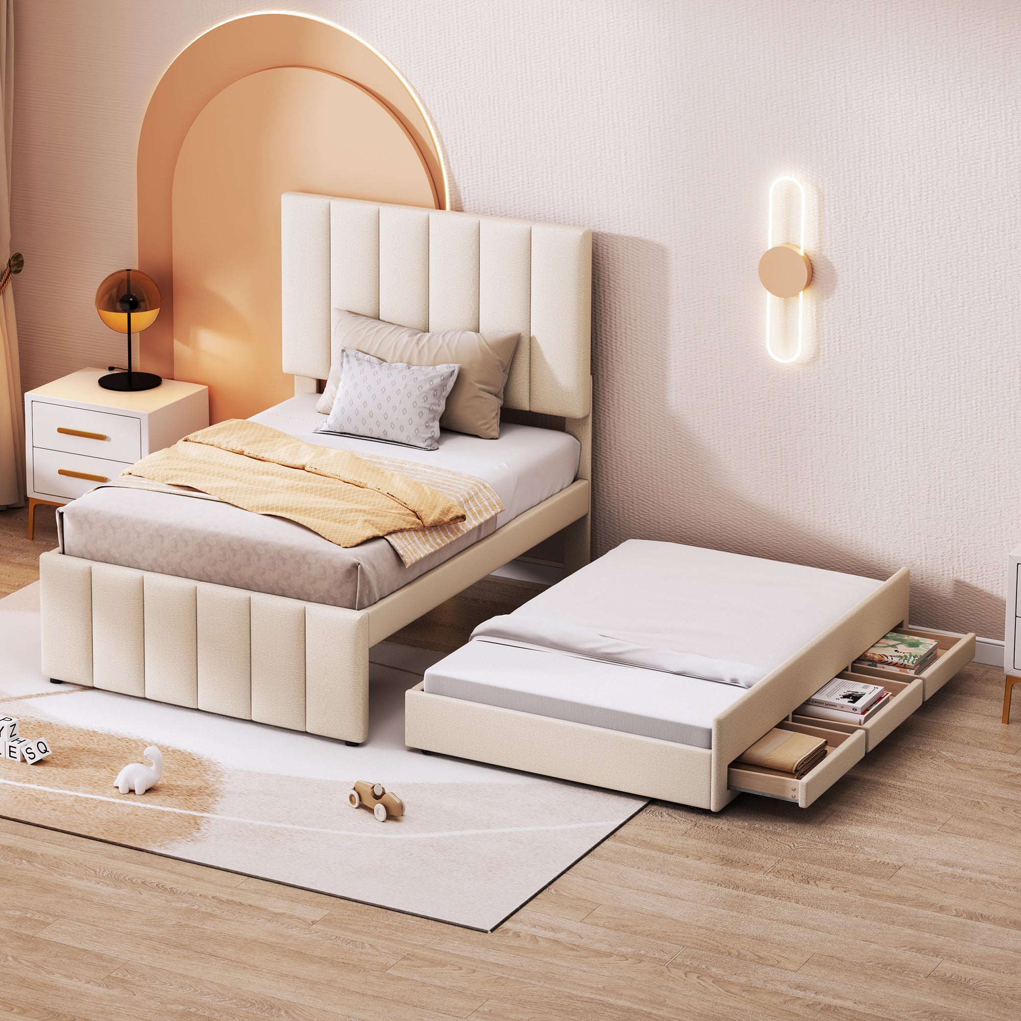 Upholstered Bed 90x200cm, Trundle & Storage, Linen Beige