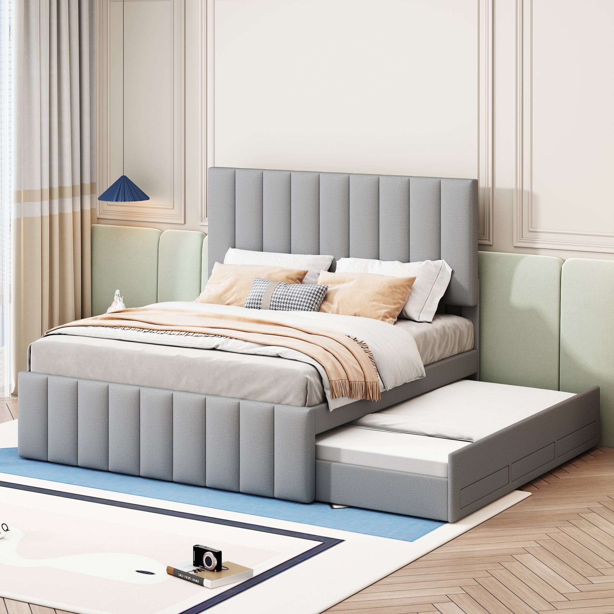 Upholstered Bed, 140x200cm, Pull-Out & Drawers, Linen Upholstery, Grey