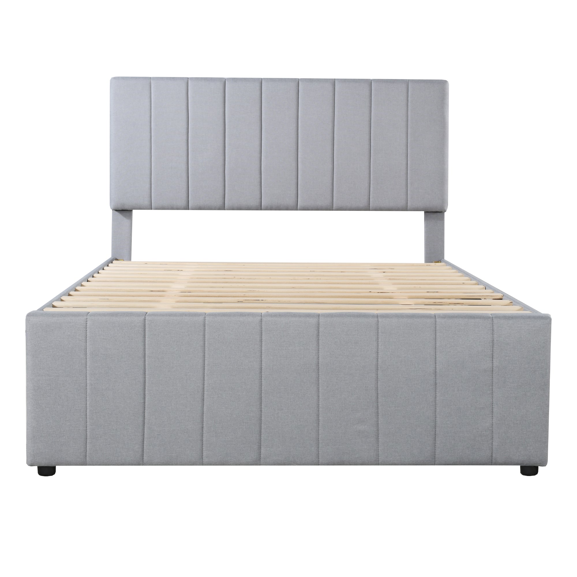 Upholstered Bed, 140x200cm, Pull-Out & Drawers, Linen Upholstery, Grey