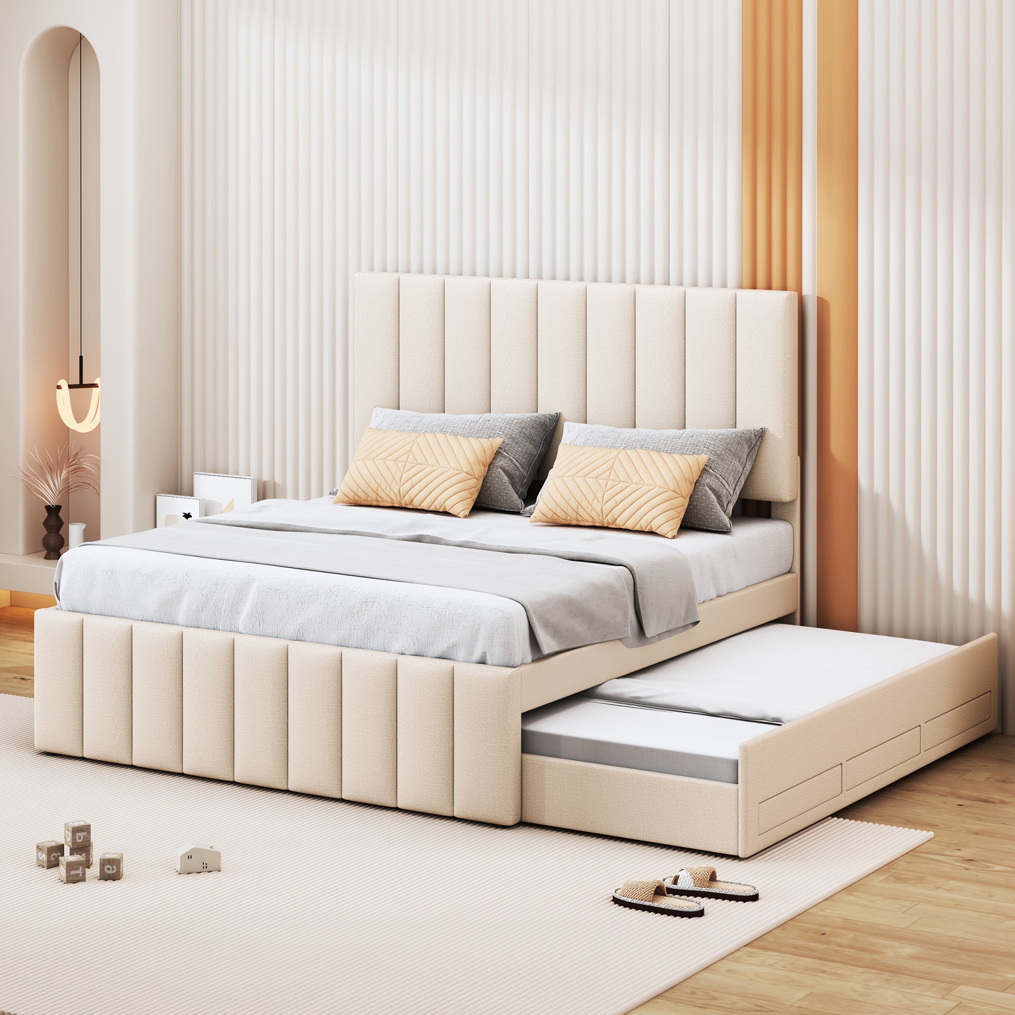 Upholstered Bed, 140x200cm Pull-Out with Drawers, Linen Beige