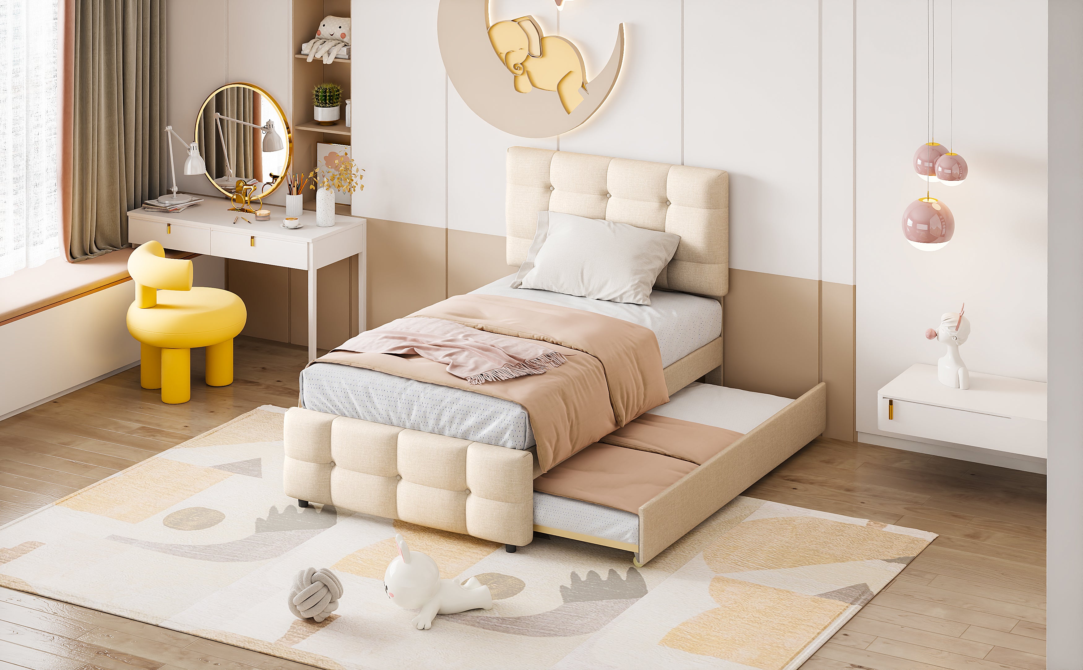 Upholstered Bed, 90x200cm Pull-Out Kids Bed with Adjustable Headboard, Linen Upholstery, Beige