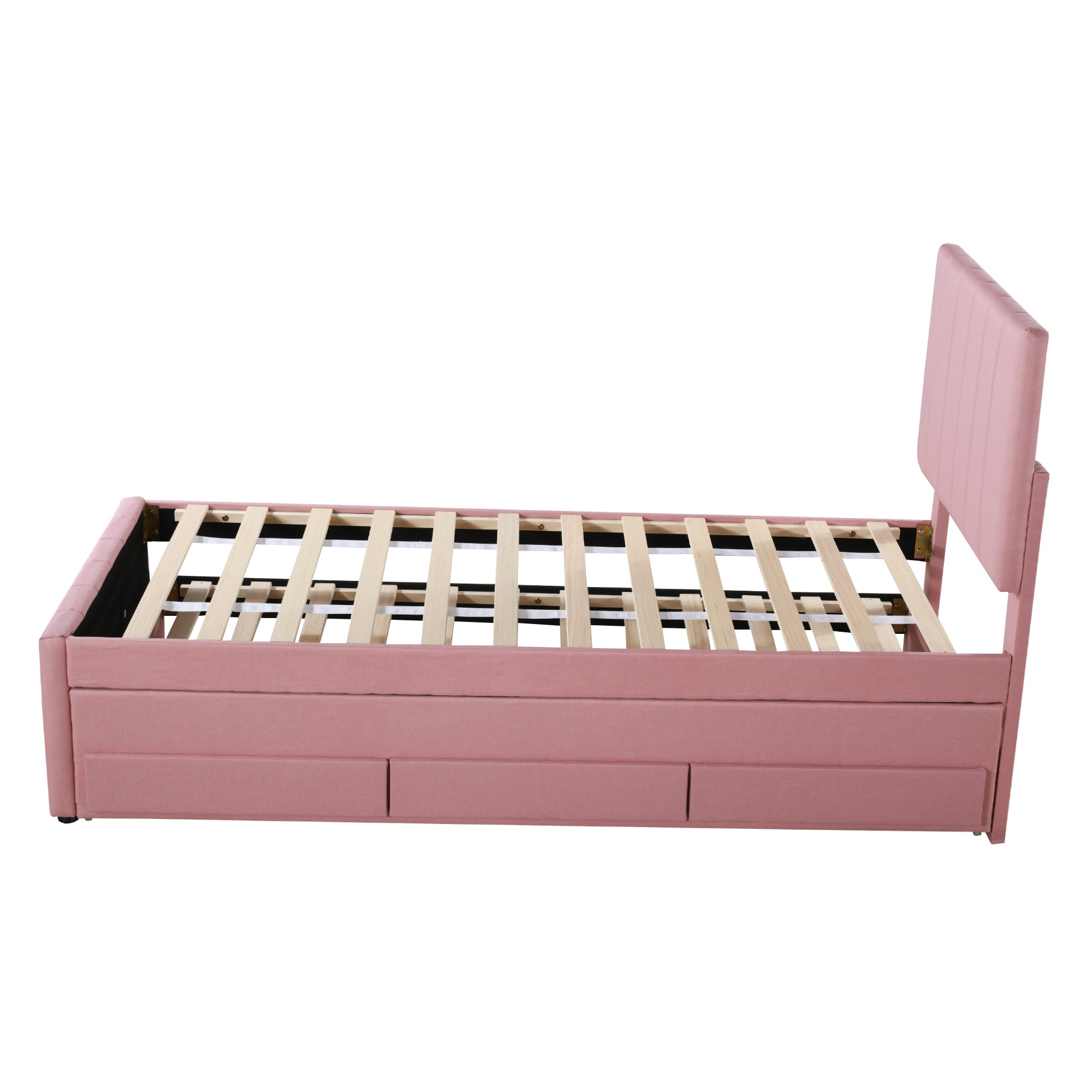 Upholstered Bed 90x200cm, Trundle & Storage, Linen (Pink)