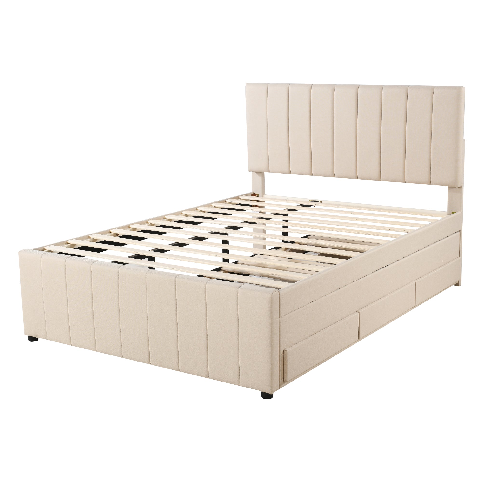 Upholstered Bed, 140x200cm Pull-Out with Drawers, Linen Beige