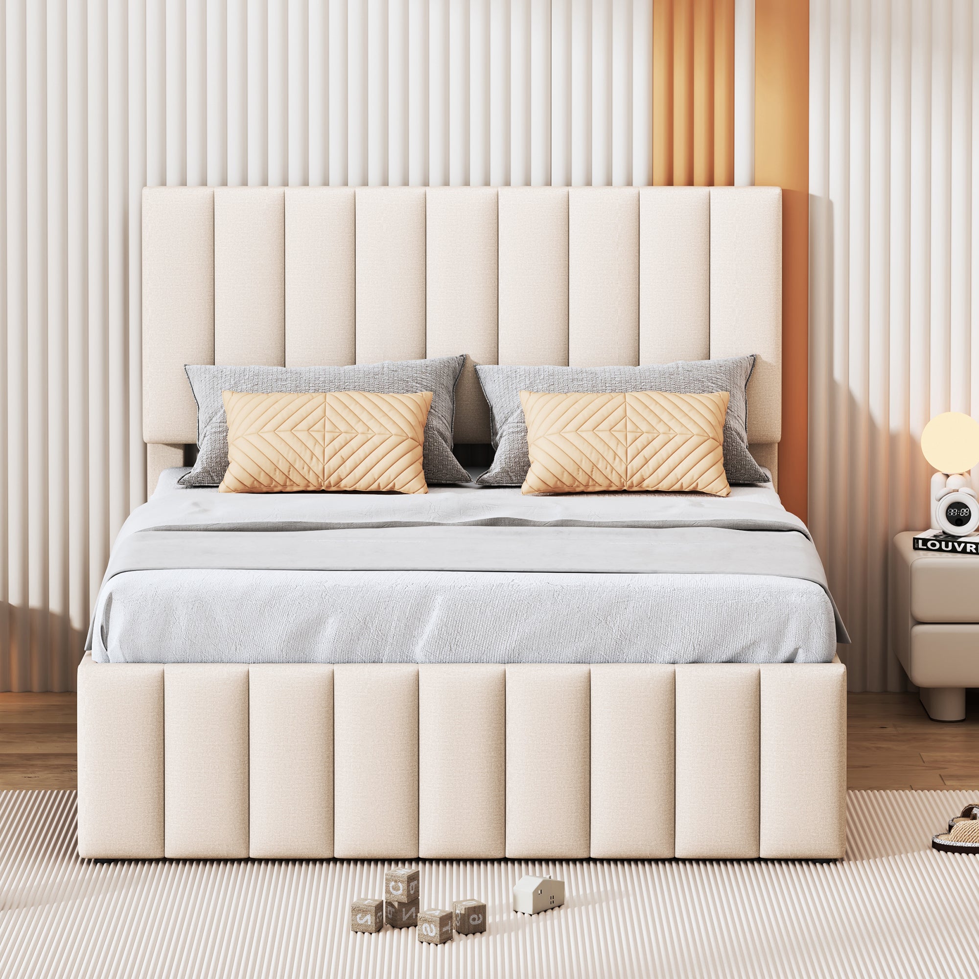 Upholstered Bed, 140x200cm Pull-Out with Drawers, Linen Beige