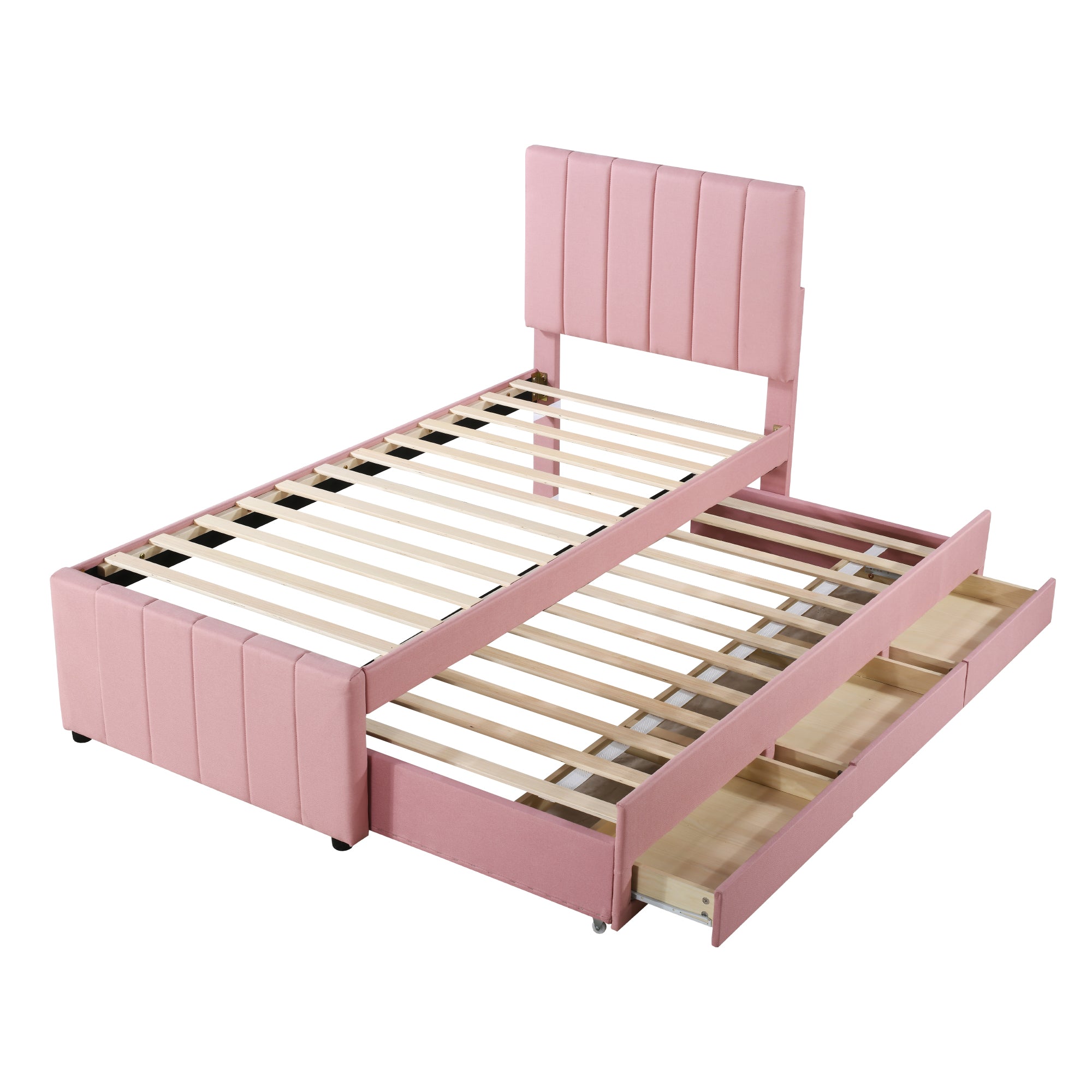 Upholstered Bed 90x200cm, Trundle & Storage, Linen (Pink)