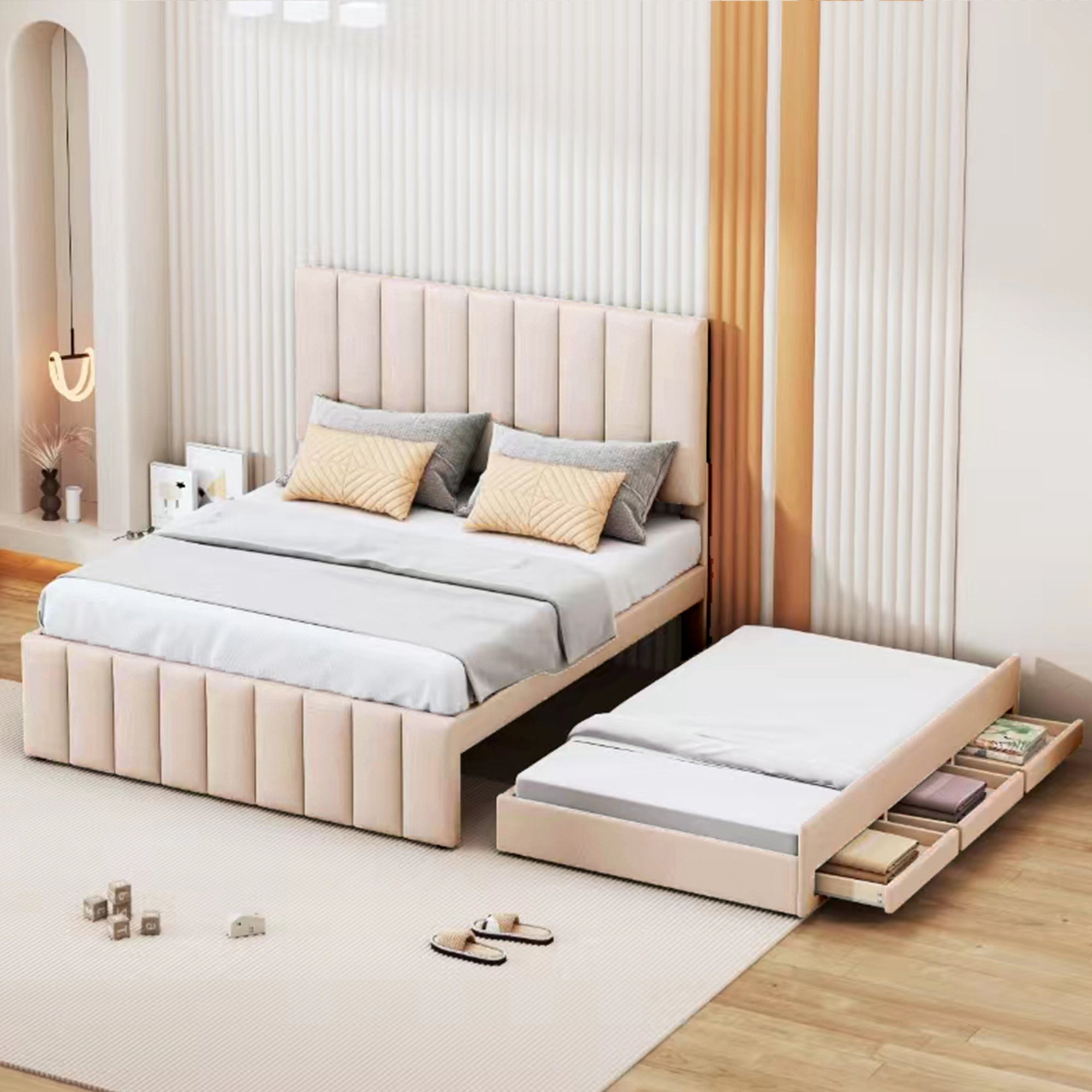 Upholstered Bed, 140x200cm Pull-Out with Drawers, Linen Beige