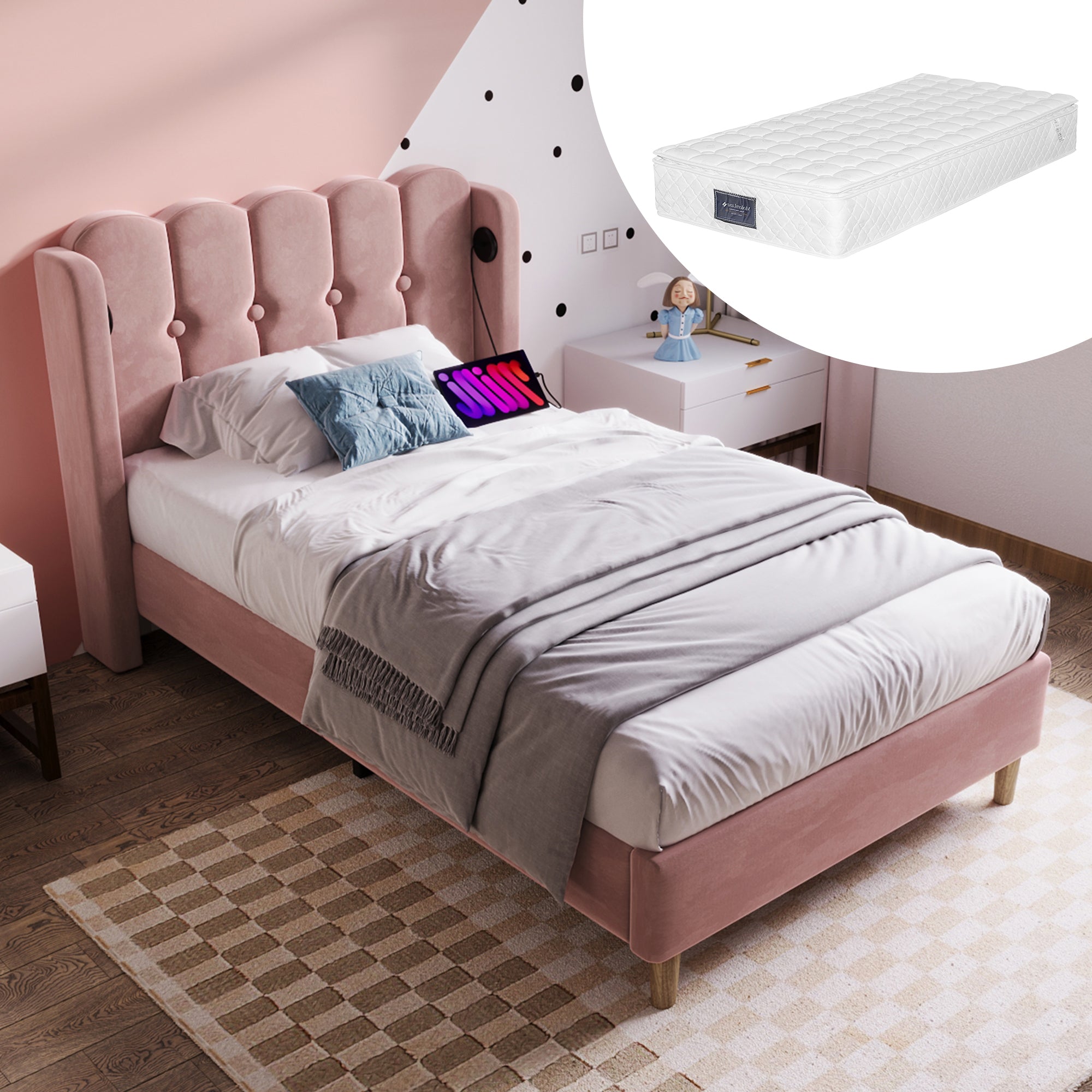 Upholstered Single Bed, USB-C Charging, Pink Velvet