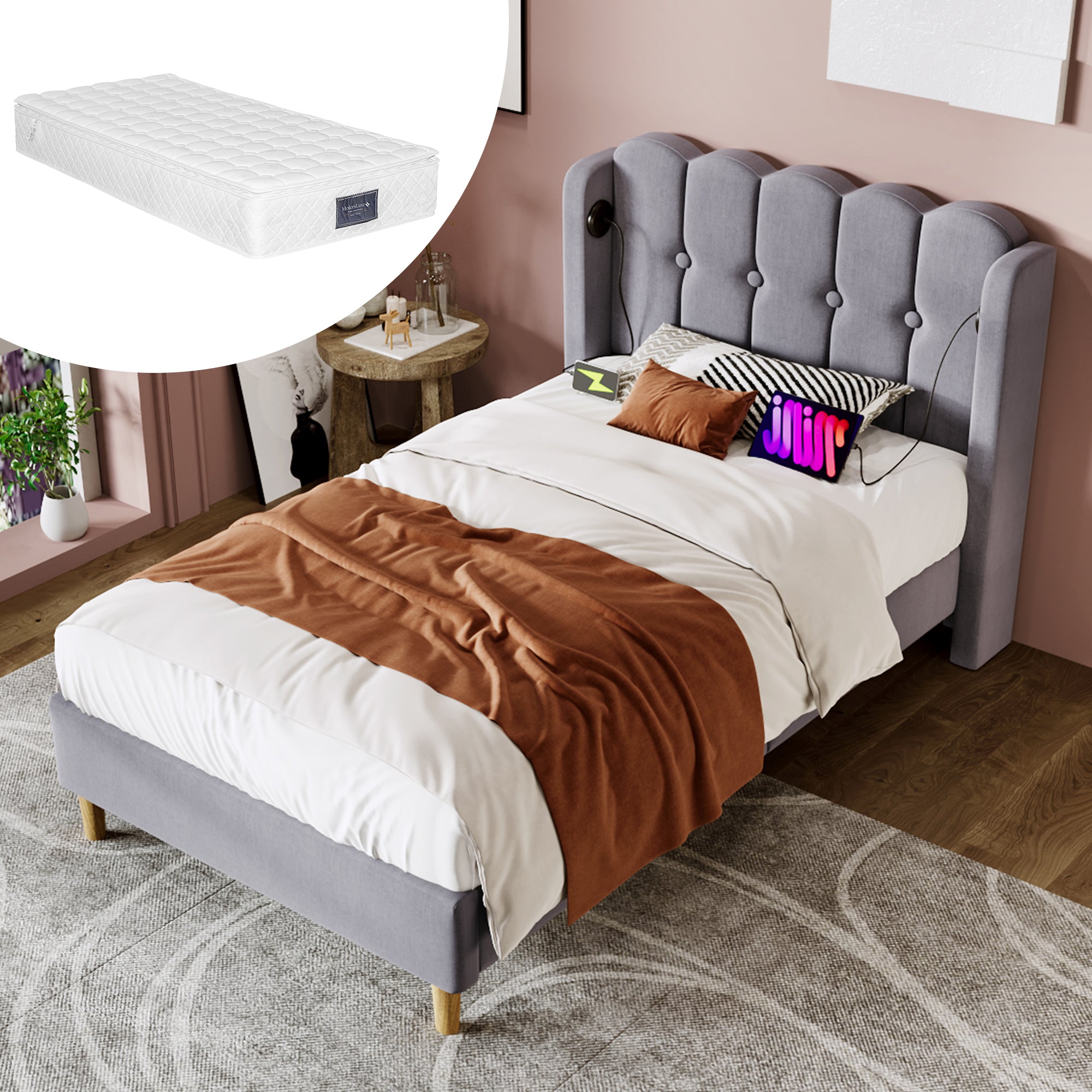 Upholstered Single Bed, 90x200cm USB-C Charging Slatted Base, Grey Linen