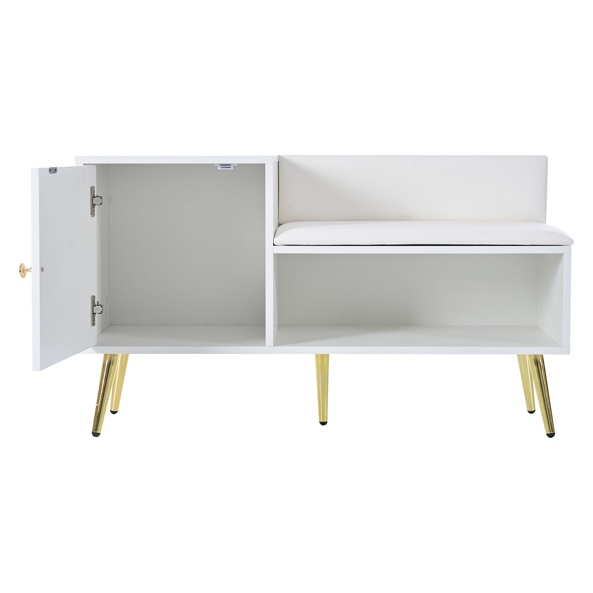 modern luxurious shoe chest with storage, upholstered bench, backrest, metal handles and legs, white