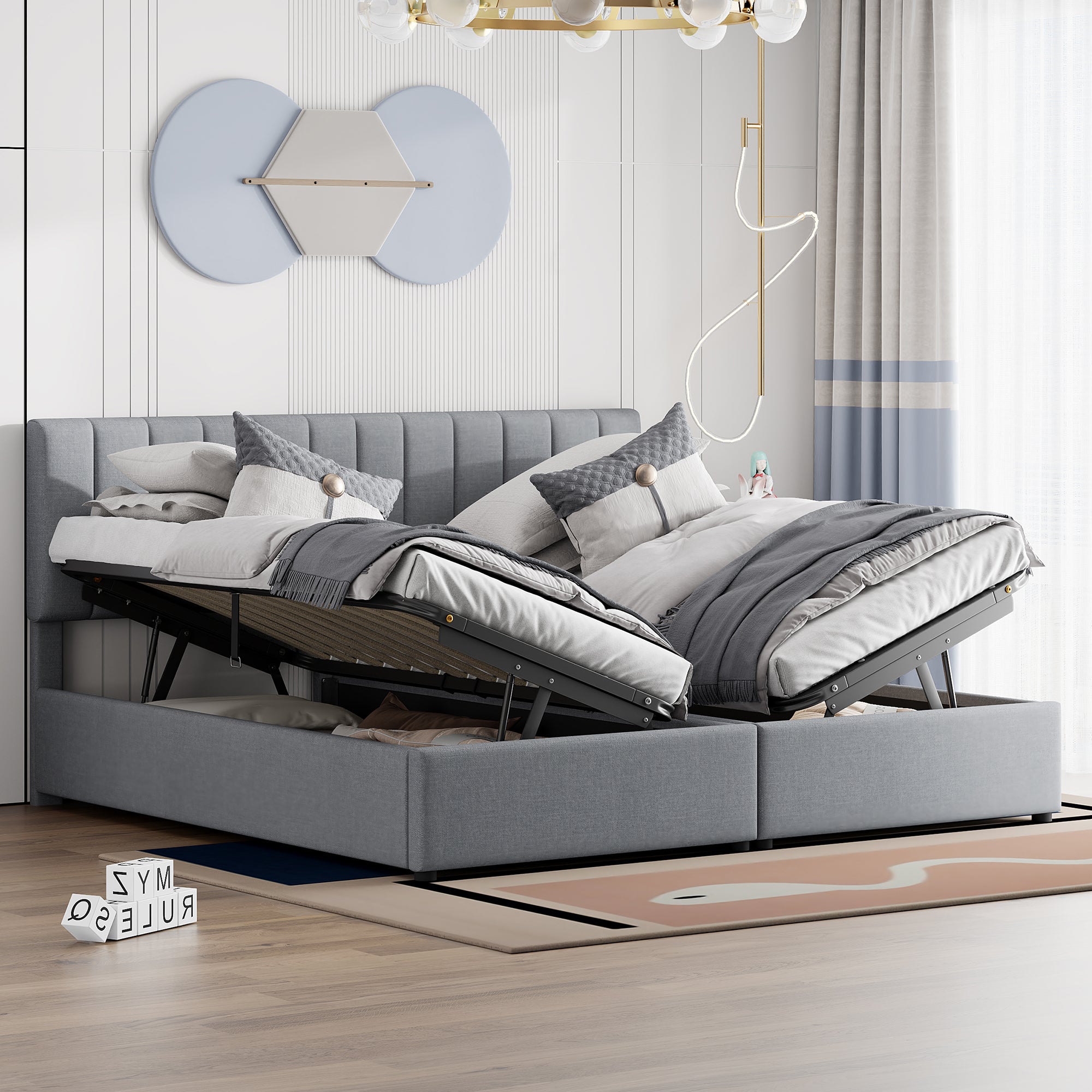 Upholstered Bed, 180x200 cm Hydraulic Storage, Linen Grey
