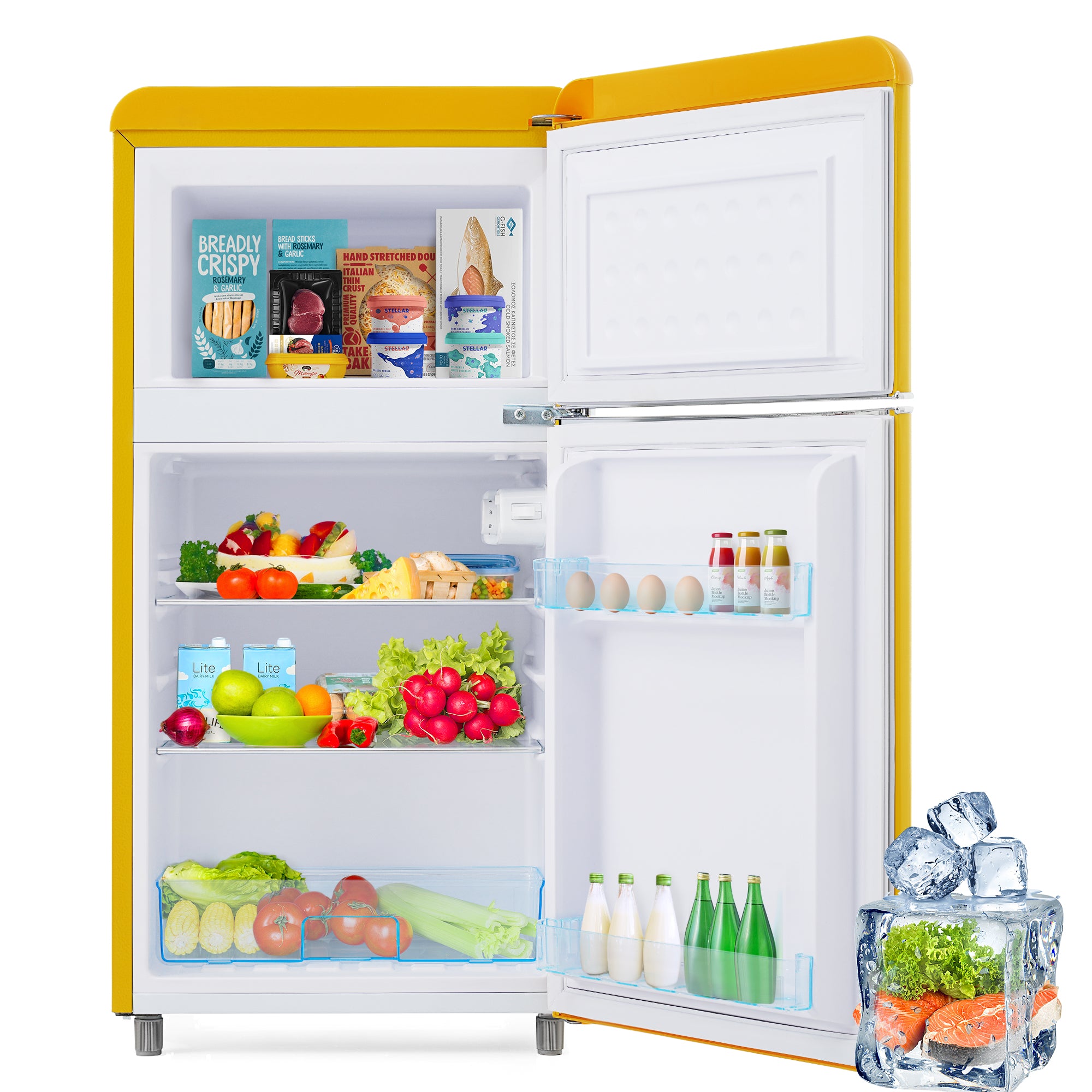 Retro Refrigerator, Double-Door 72L Total 21L Freezer, LED, Various Colors