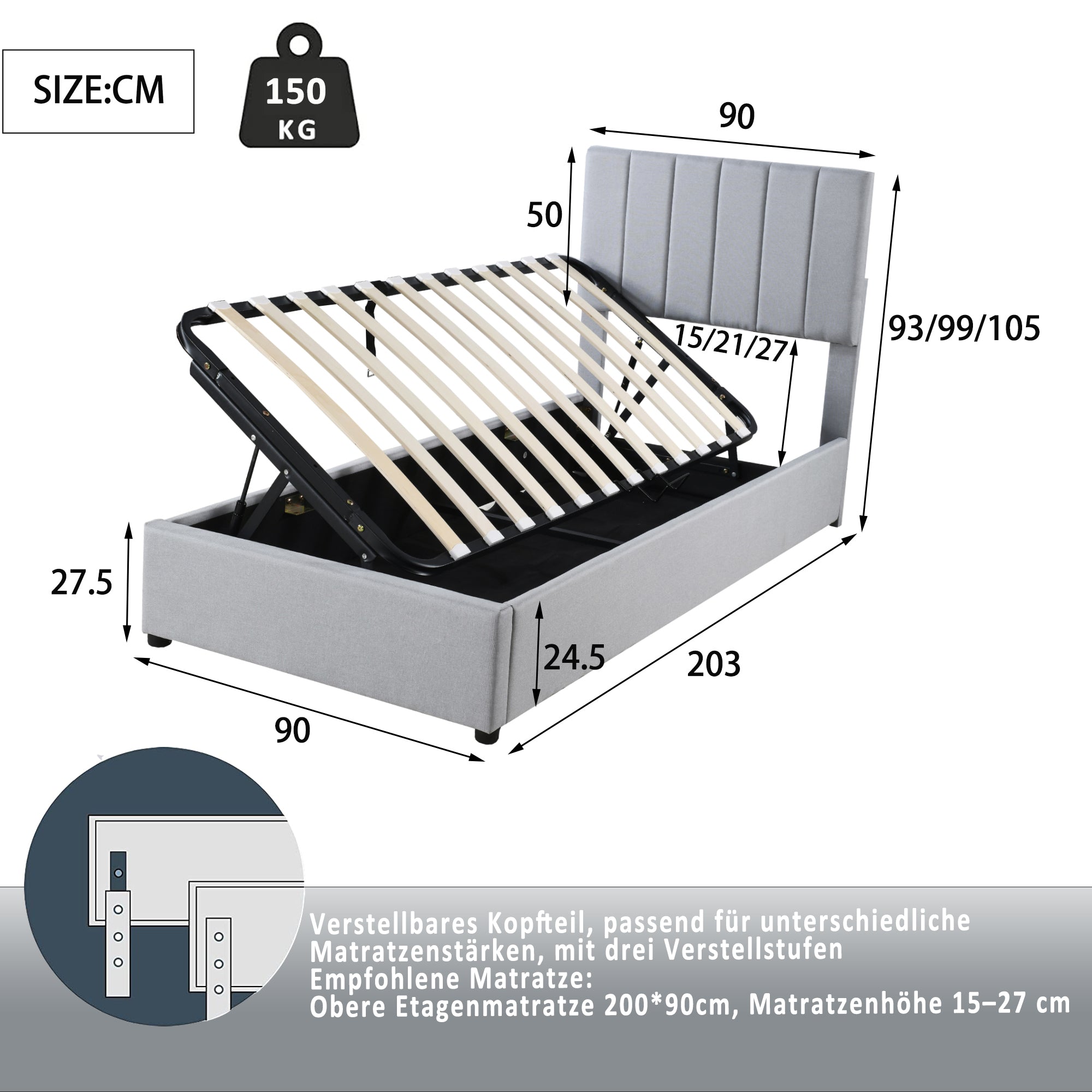 Children's Bed Upholstered, Hydraulic Storage, Linen, Grey
