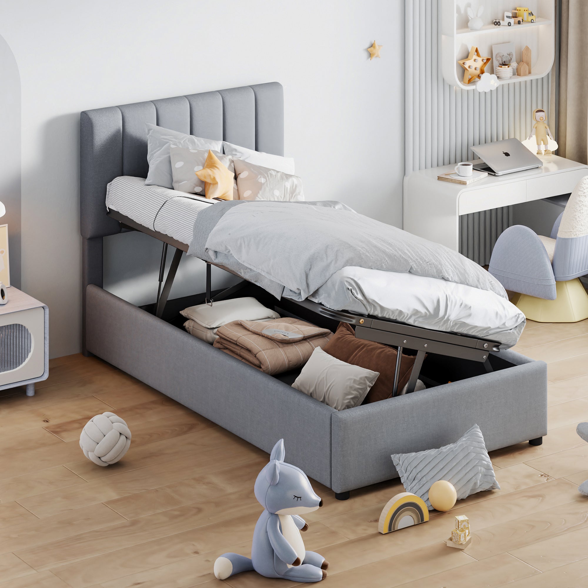 Children's Bed Upholstered, Hydraulic Storage, Linen, Grey