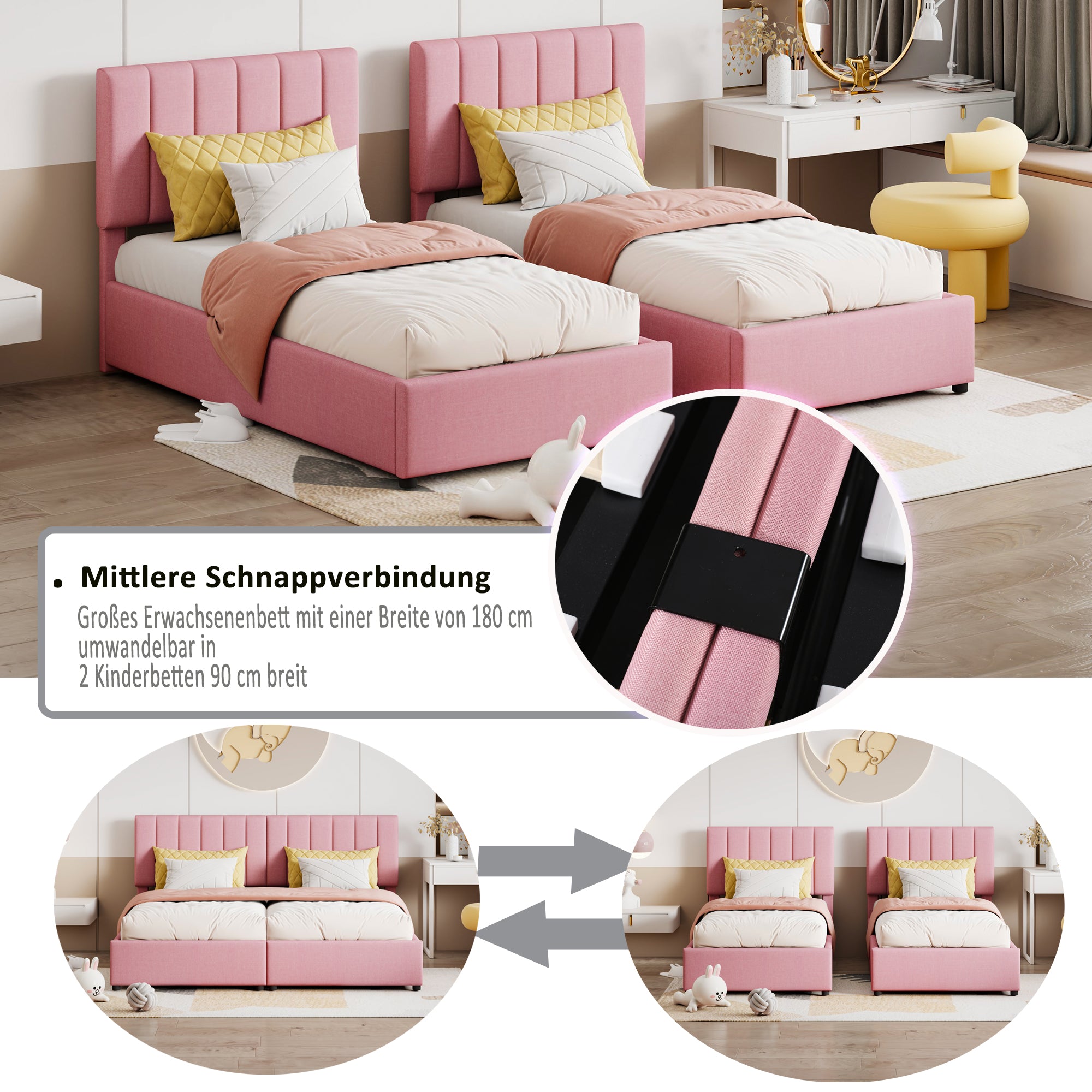 Upholstered Bed, 180x200cm Hydraulic Storage, Multifunctional Double, Pink
