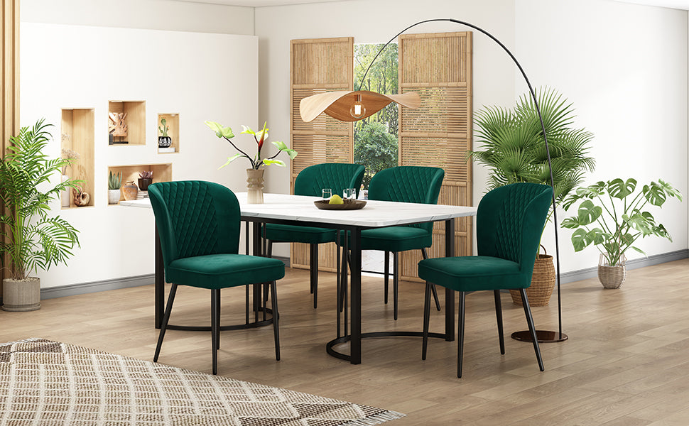 Dining Set, 4 Chairs, Modern Kitchen Table, Dark Green Velvet & White MDF