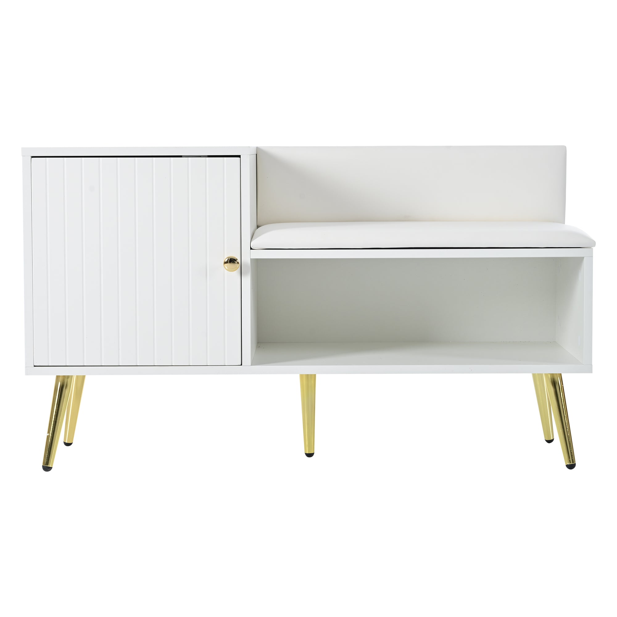 modern luxurious shoe chest with storage, upholstered bench, backrest, metal handles and legs, white