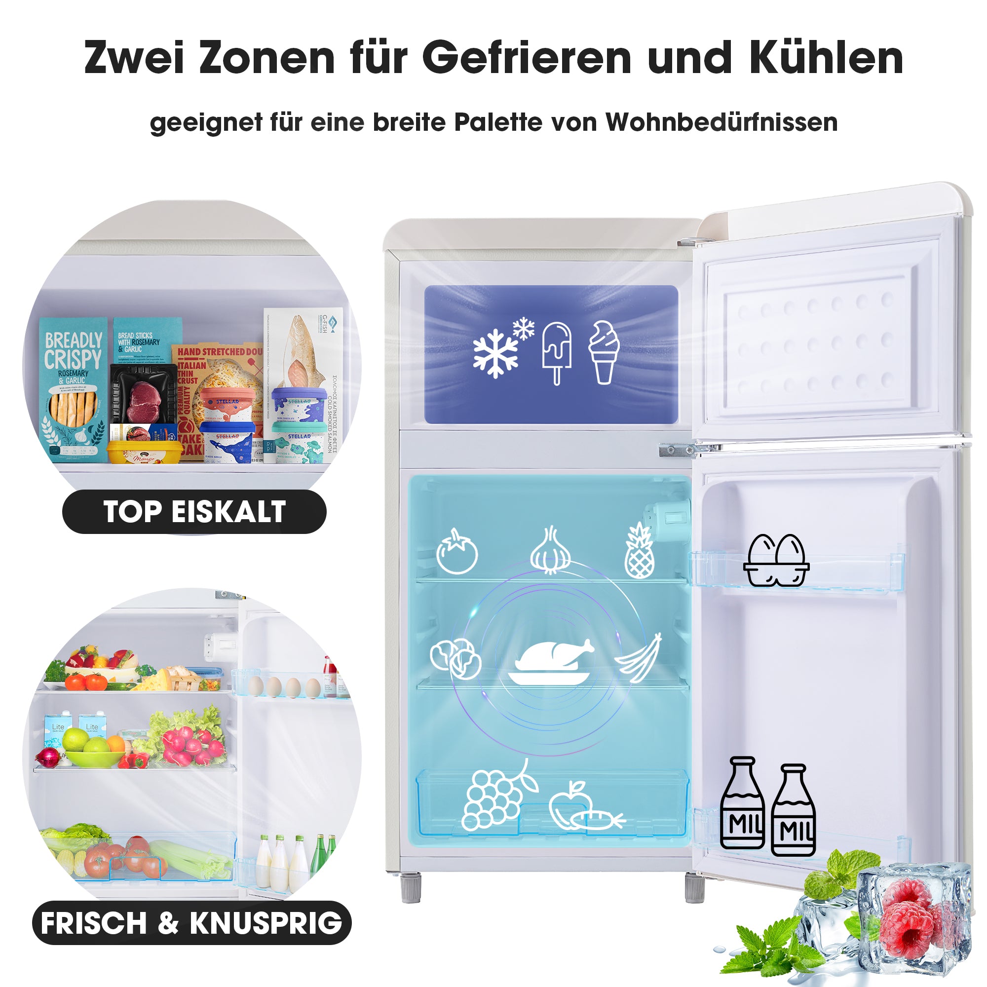 Retro Refrigerator Double-Door 72L Capacity LED Light, Various Colors