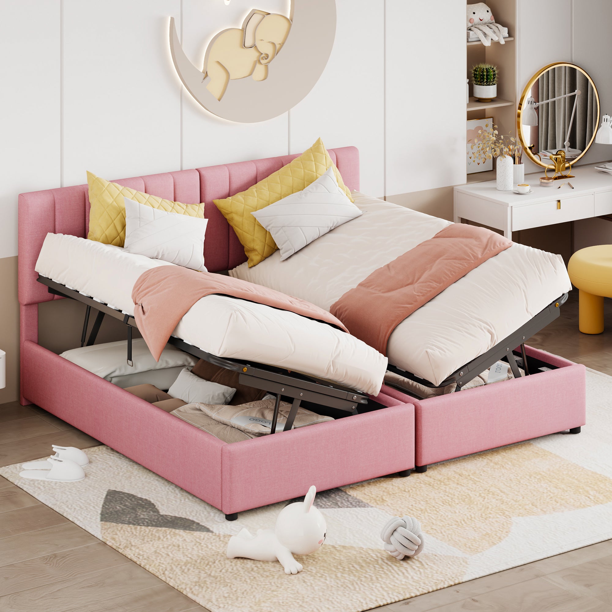 Upholstered Bed, 180x200cm Hydraulic Storage, Multifunctional Double, Pink