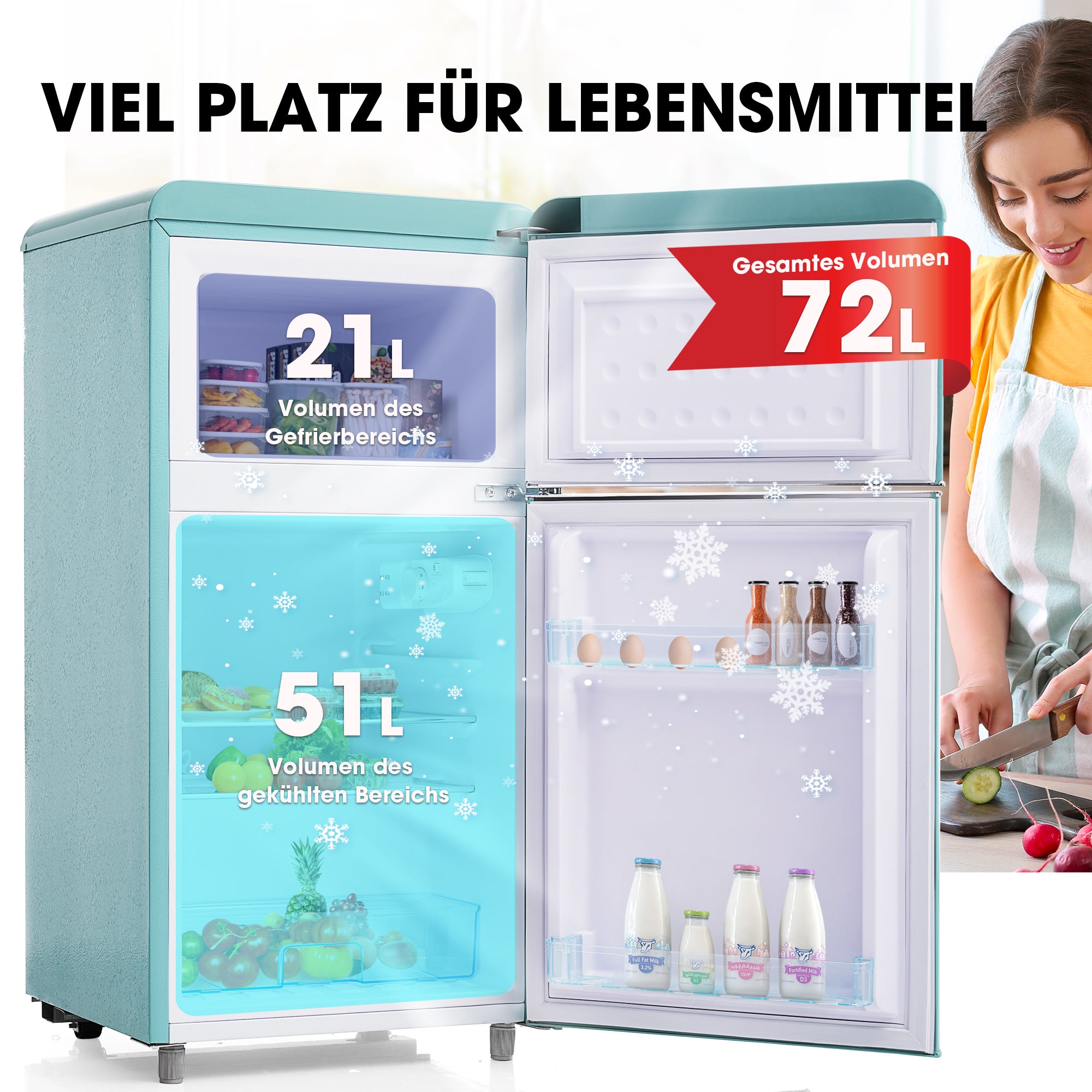 Retro Refrigerator Double-Door 72L/21L Freezer LED Available in Various Colors