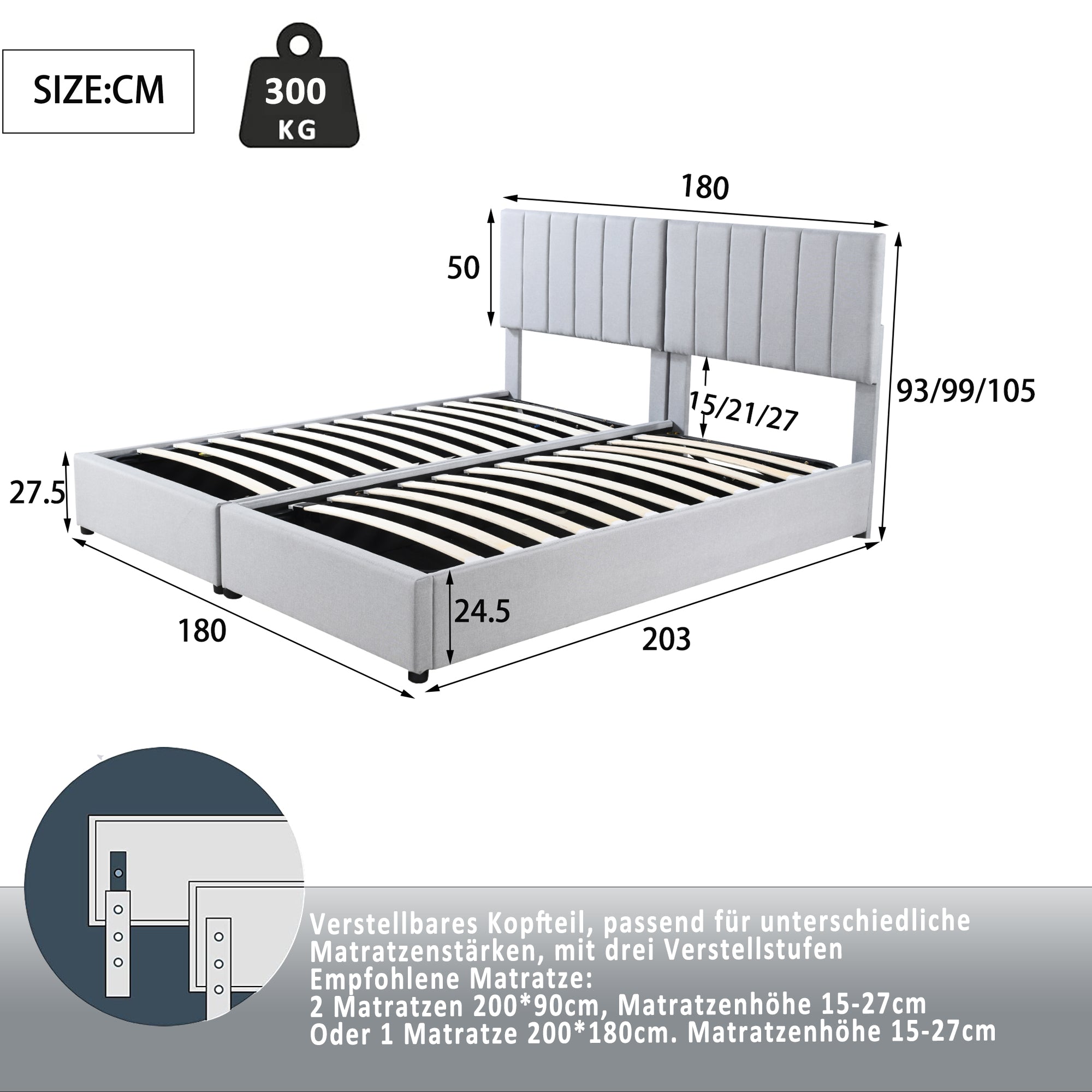 Upholstered Bed, 180x200 cm Hydraulic Storage, Linen Grey
