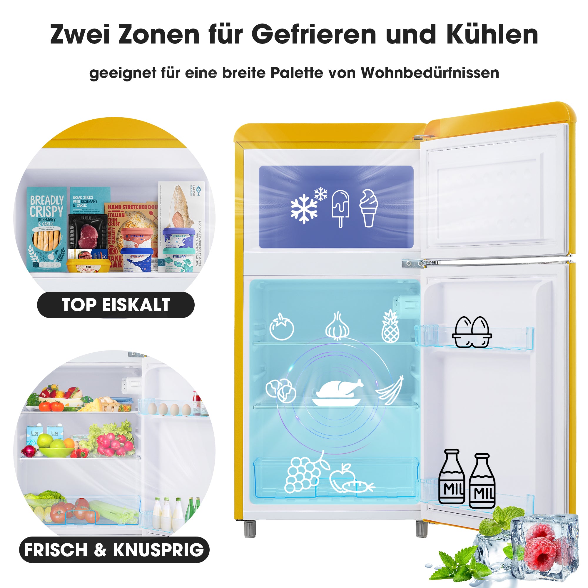 Retro Refrigerator, Double-Door 72L Total 21L Freezer, LED, Various Colors