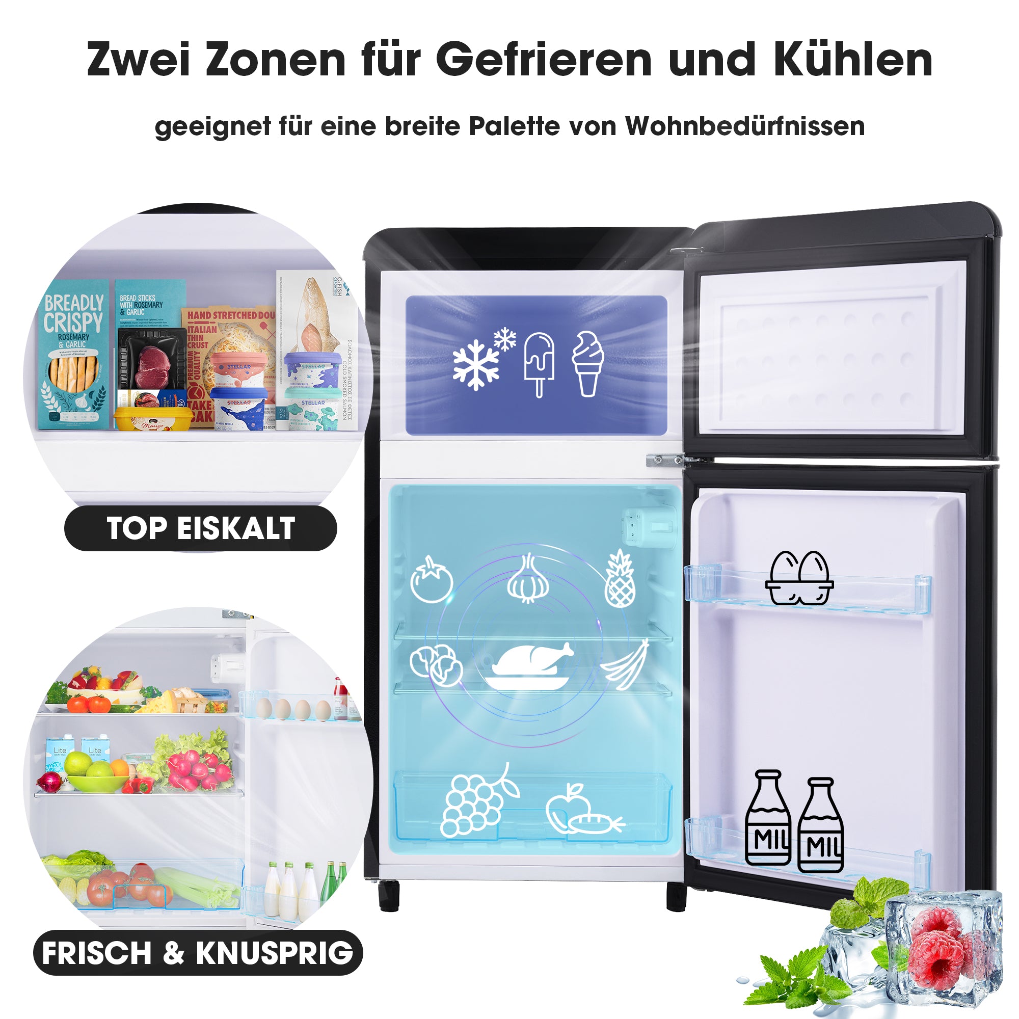 Retro Refrigerator, Double-Door 72L Capacity, LED Lighting, Various Colors