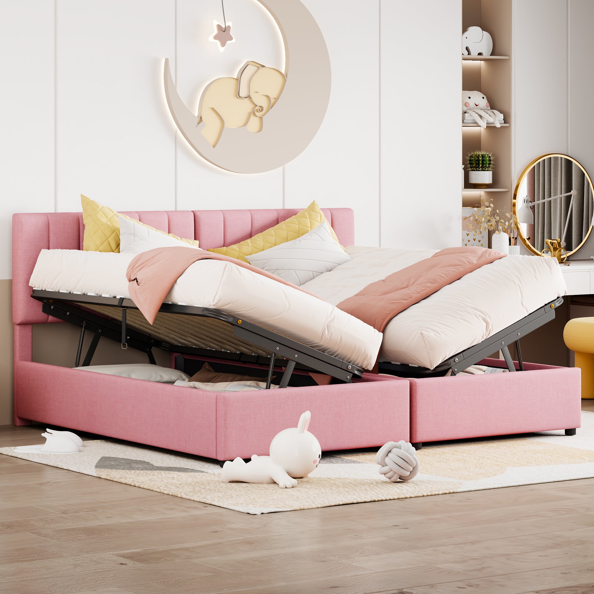 Upholstered Bed, 180x200cm Hydraulic Storage, Multifunctional Double, Pink