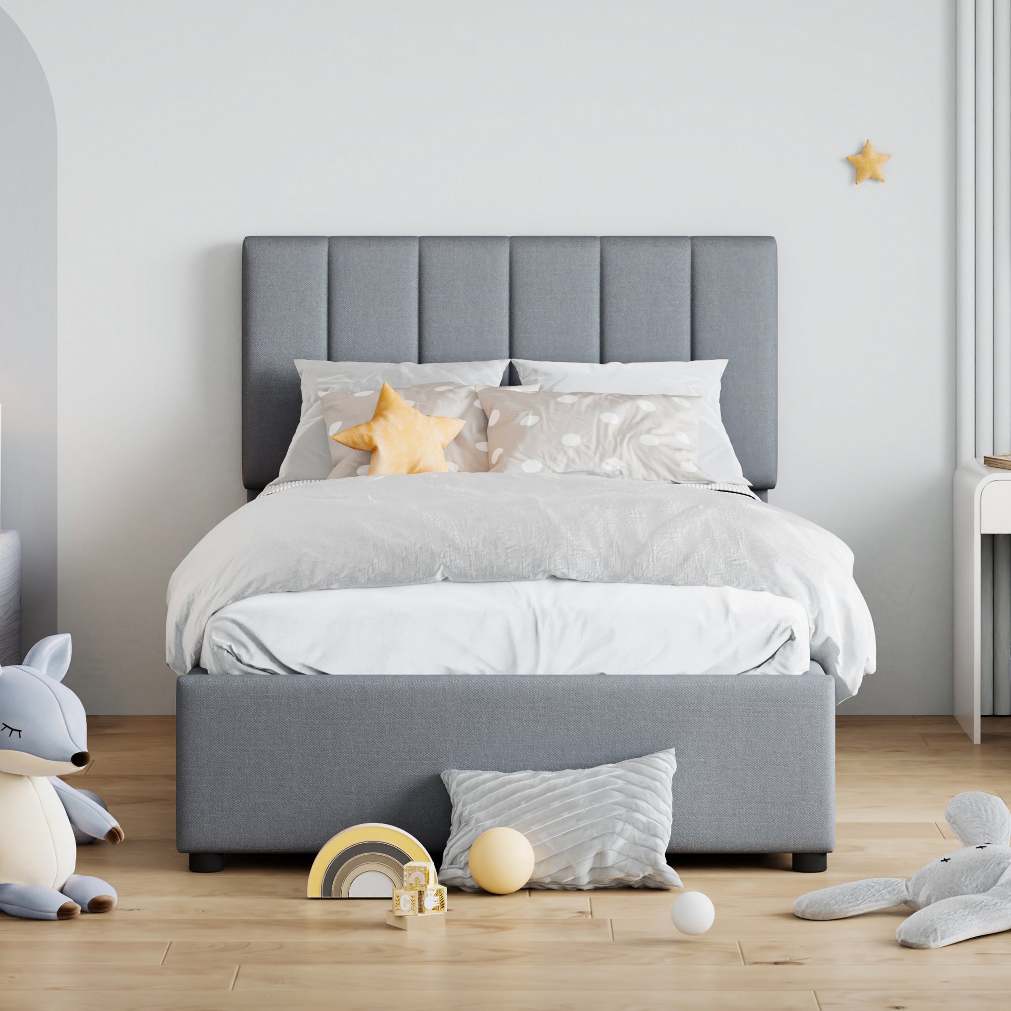 Children's Bed Upholstered, Hydraulic Storage, Linen, Grey