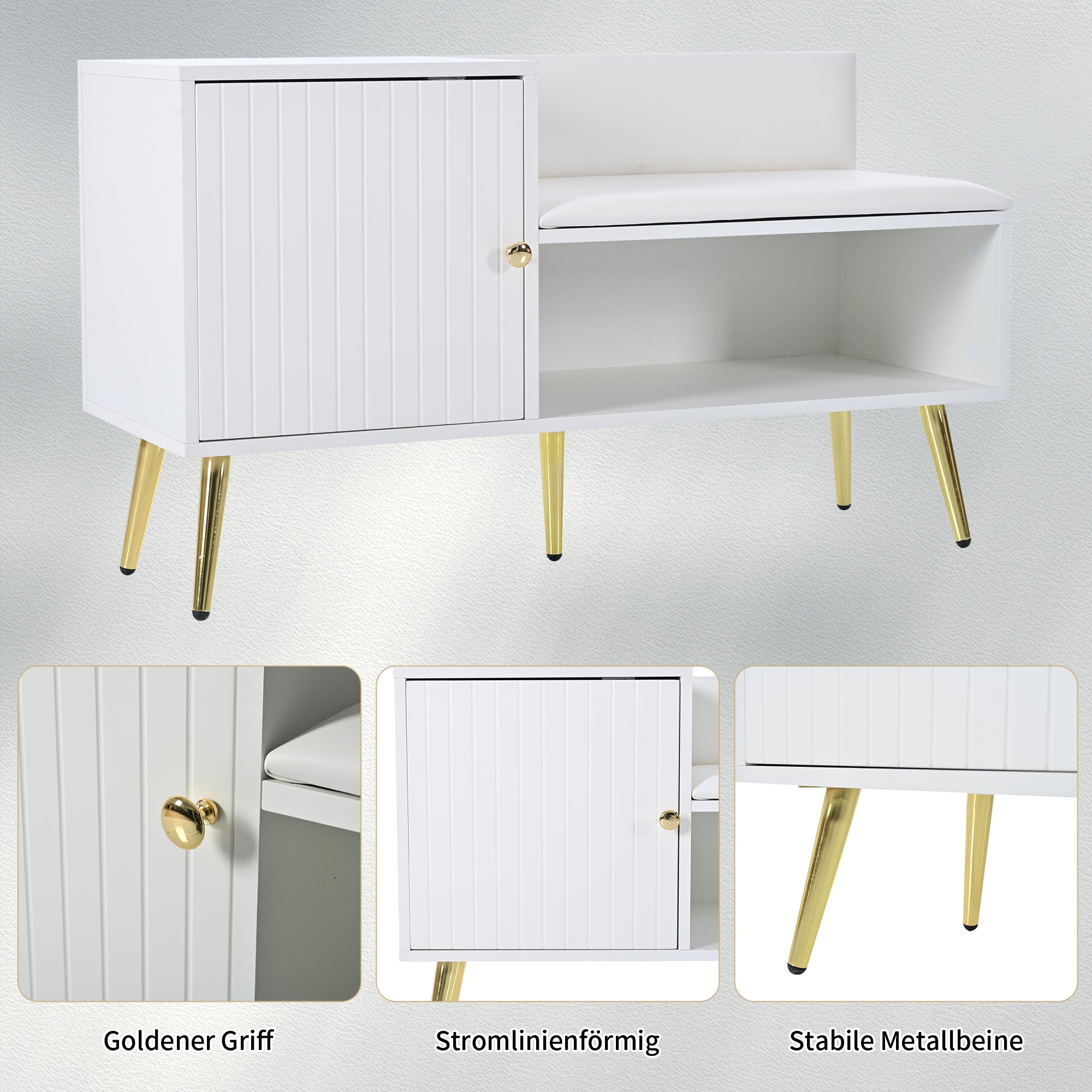 modern luxurious shoe chest with storage, upholstered bench, backrest, metal handles and legs, white