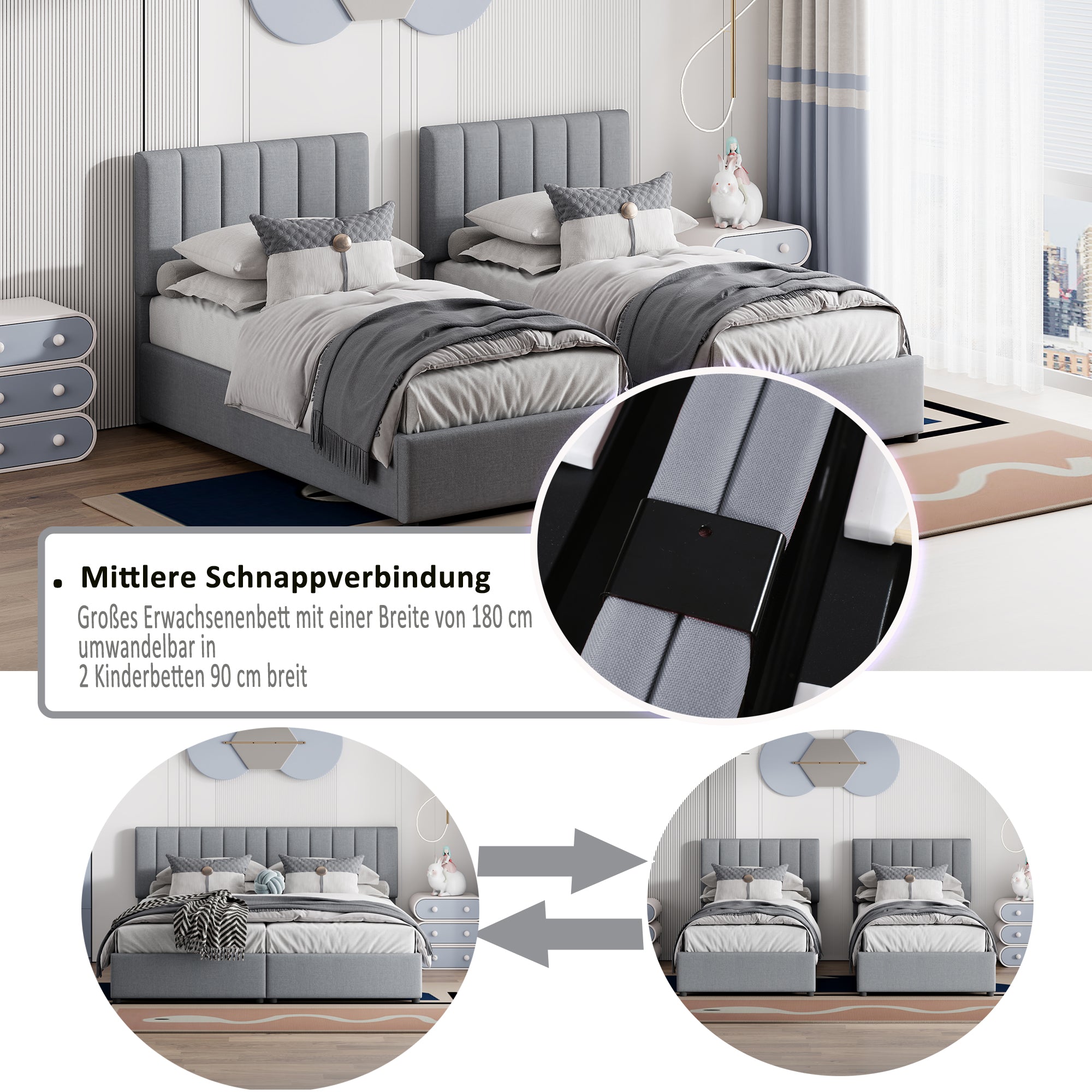 Upholstered Bed, 180x200 cm Hydraulic Storage, Linen Grey