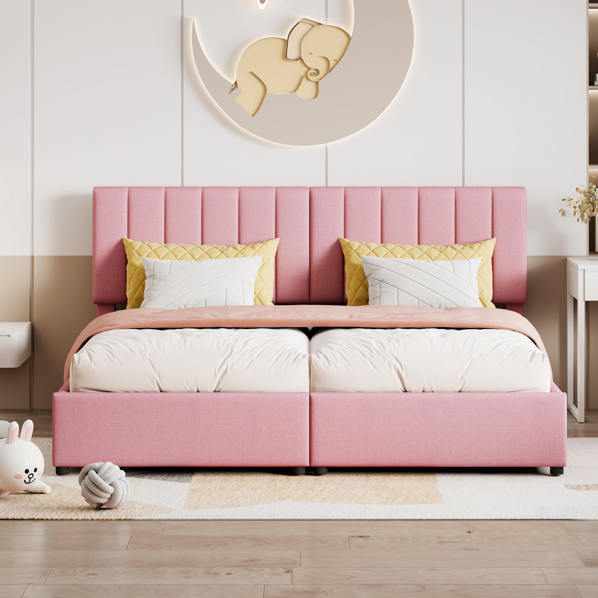 Upholstered Bed, 180x200cm Hydraulic Storage, Multifunctional Double, Pink