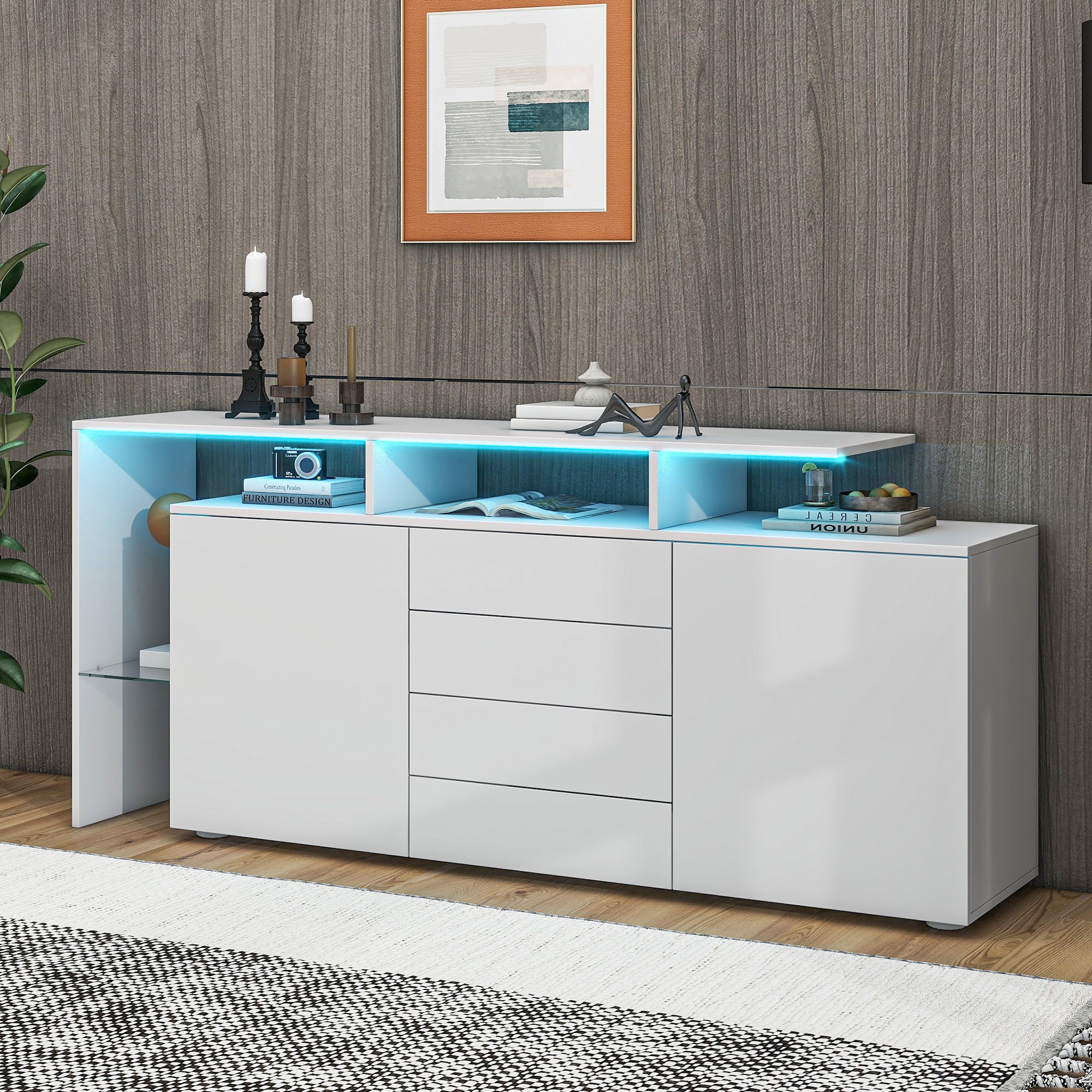 Sideboard Chest of Drawers Highboard with LED Lighting Multi-Purpose High-Gloss White