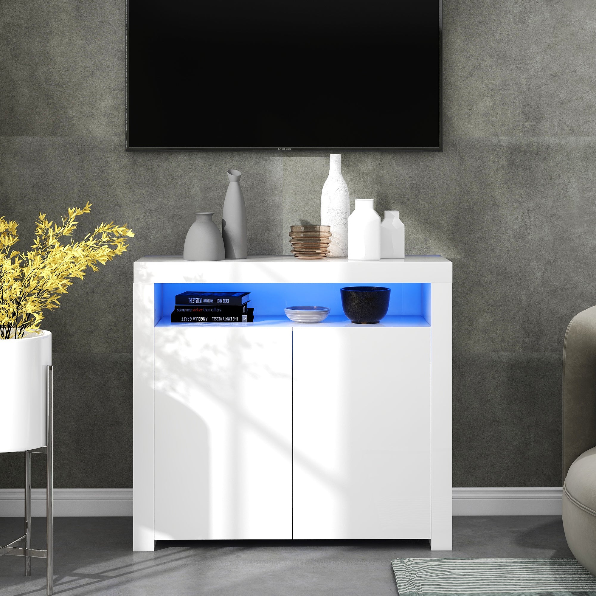 Chest of drawers Sideboard storage cabinet with LED light, white high gloss