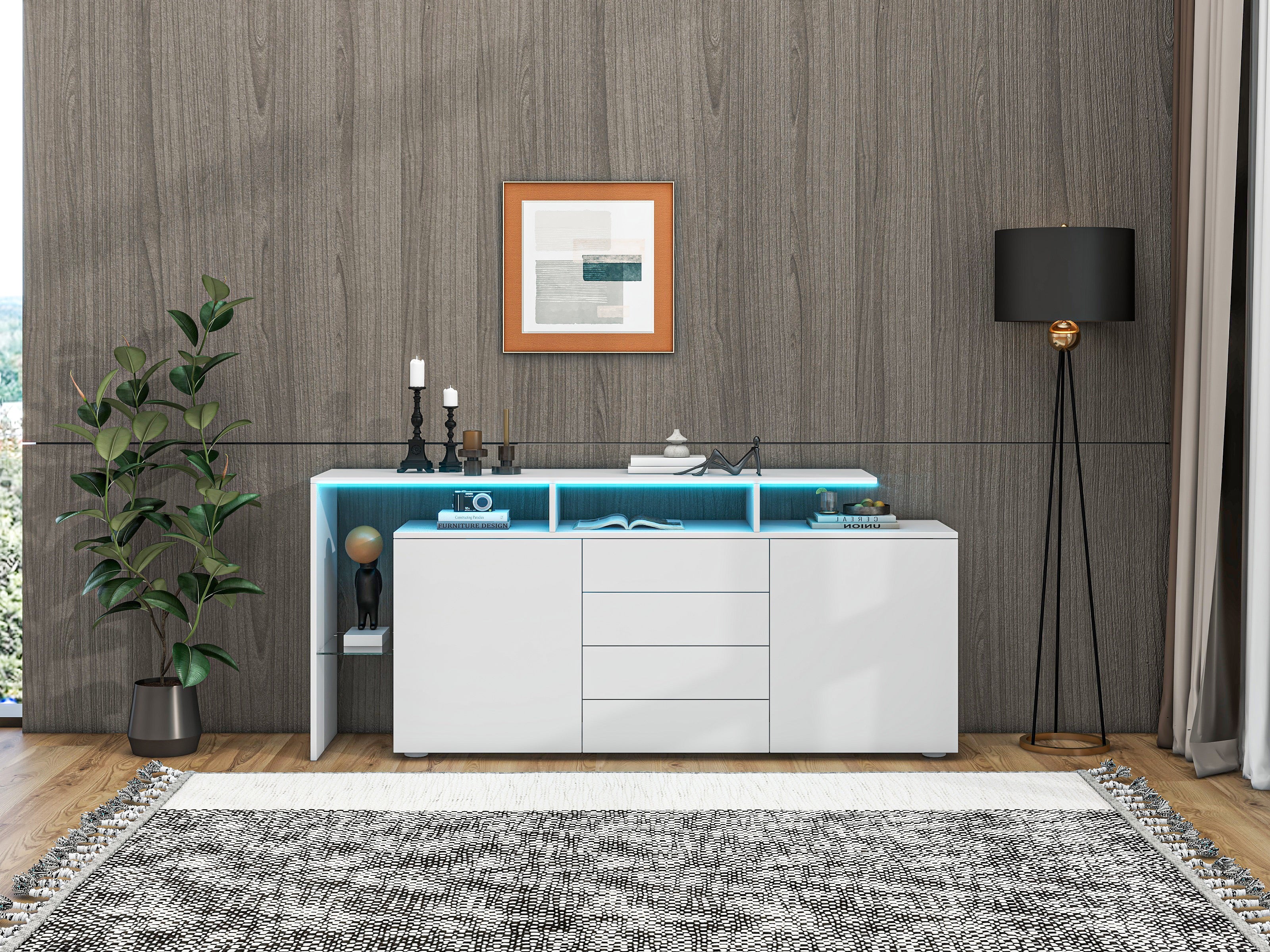 Sideboard Chest of Drawers Highboard with LED Lighting Multi-Purpose High-Gloss White