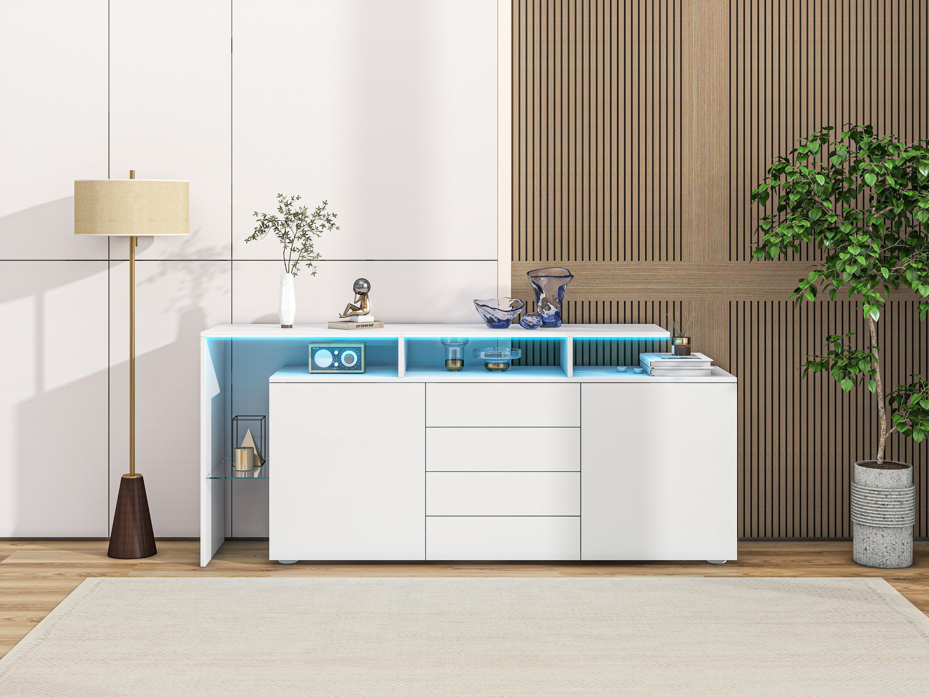 Sideboard Chest of Drawers Highboard with LED Lighting Multi-Purpose High-Gloss White