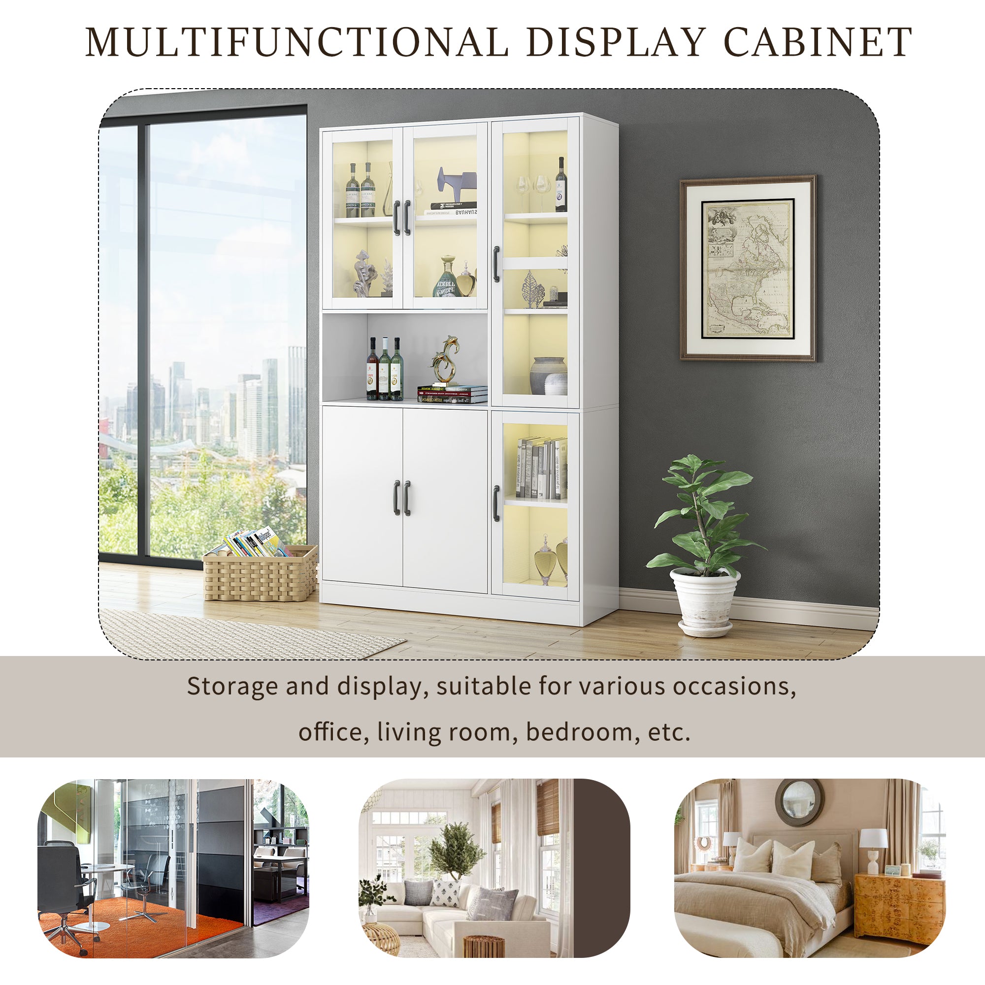 Display Cabinet Bookcase, LED Light, White